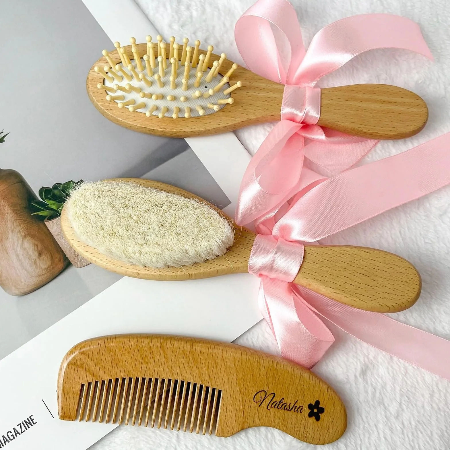 Set Da 3 Pezzi Set Di Spazzole E Pettini Personalizzati Personalizzati For Neonati, Spazzola For Capelli For Bambini, Pettine In Legno Bambini, Cuffia For Culla, Spazzola Con Setole Di Capra Naturali