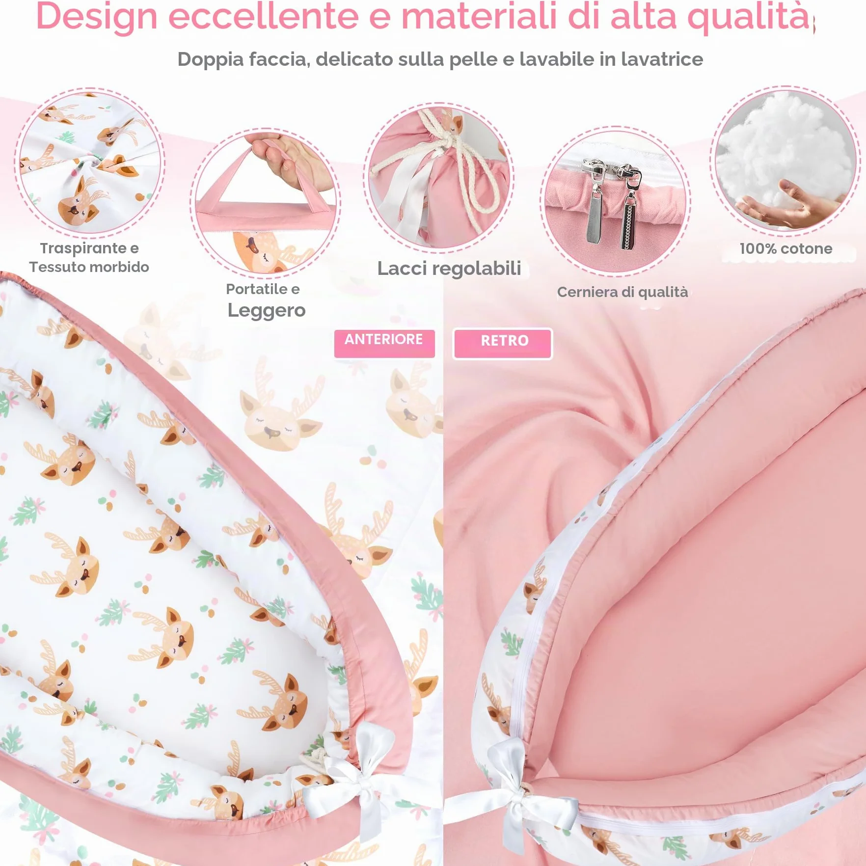 URMYWO Riduttore Lettino Neonato 90x55 cm Cuscino Doppia Faccia Riduttore per Culla Neonato in Cotone 100% Puro Fatto a Mano per Massimo Comfort (Rosa)