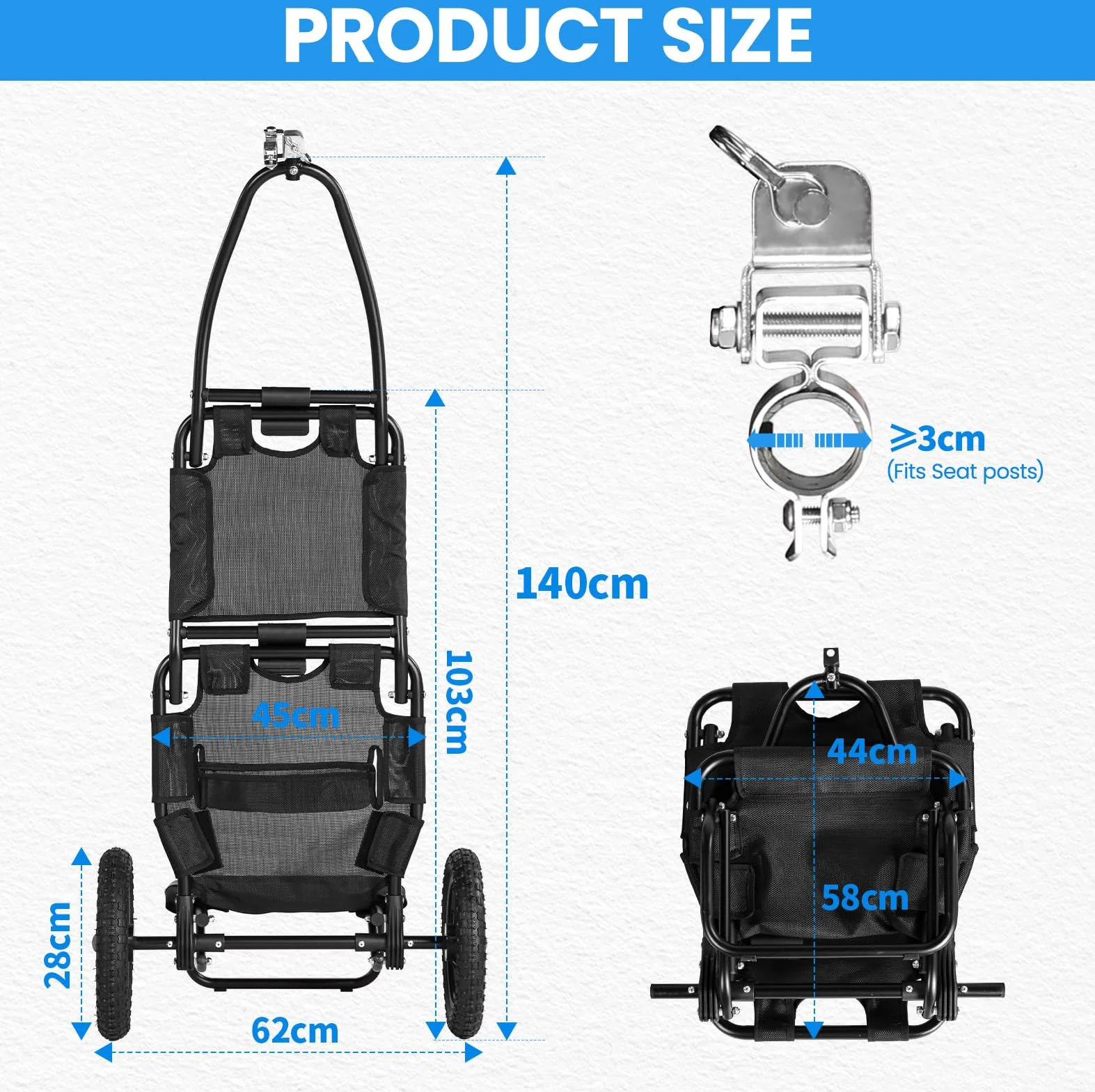 SEPNINE Rimorchio per carico bicicletta 2 in 1, carrello per la spesa, carrello a mano, telaio in acciaio legato, leggero pieghevole con pneumatici da 30 cm, peso di carico 20 kg