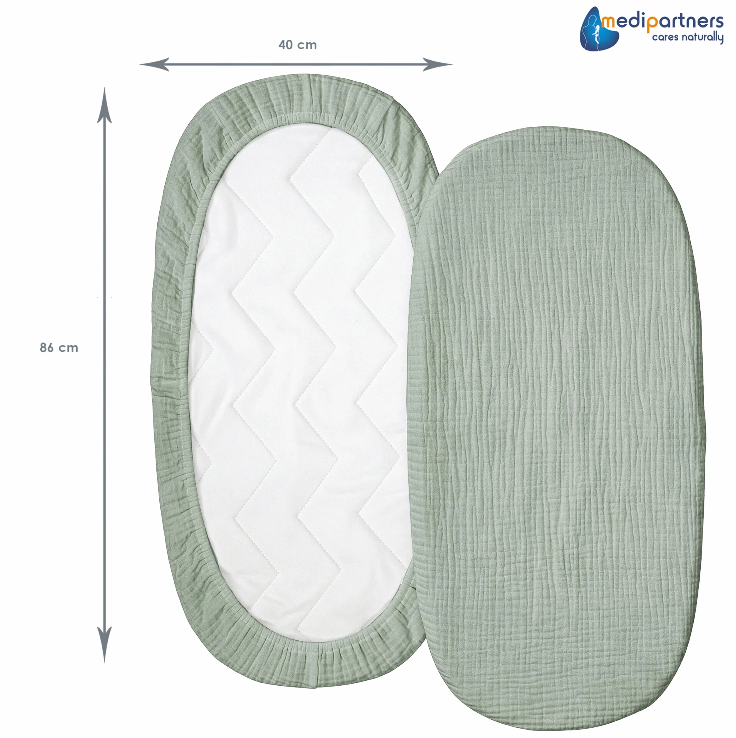 Medi Partners Lenzuola Lettino Culla 86x40 Set 3 Lenzuolo Navicella Neonato Carrozzina con Angoli - 100% Cotone Mussole Passeggino Materasso Fitted Sheet Coprimaterasso (Oliva-Bianco-Grigio)