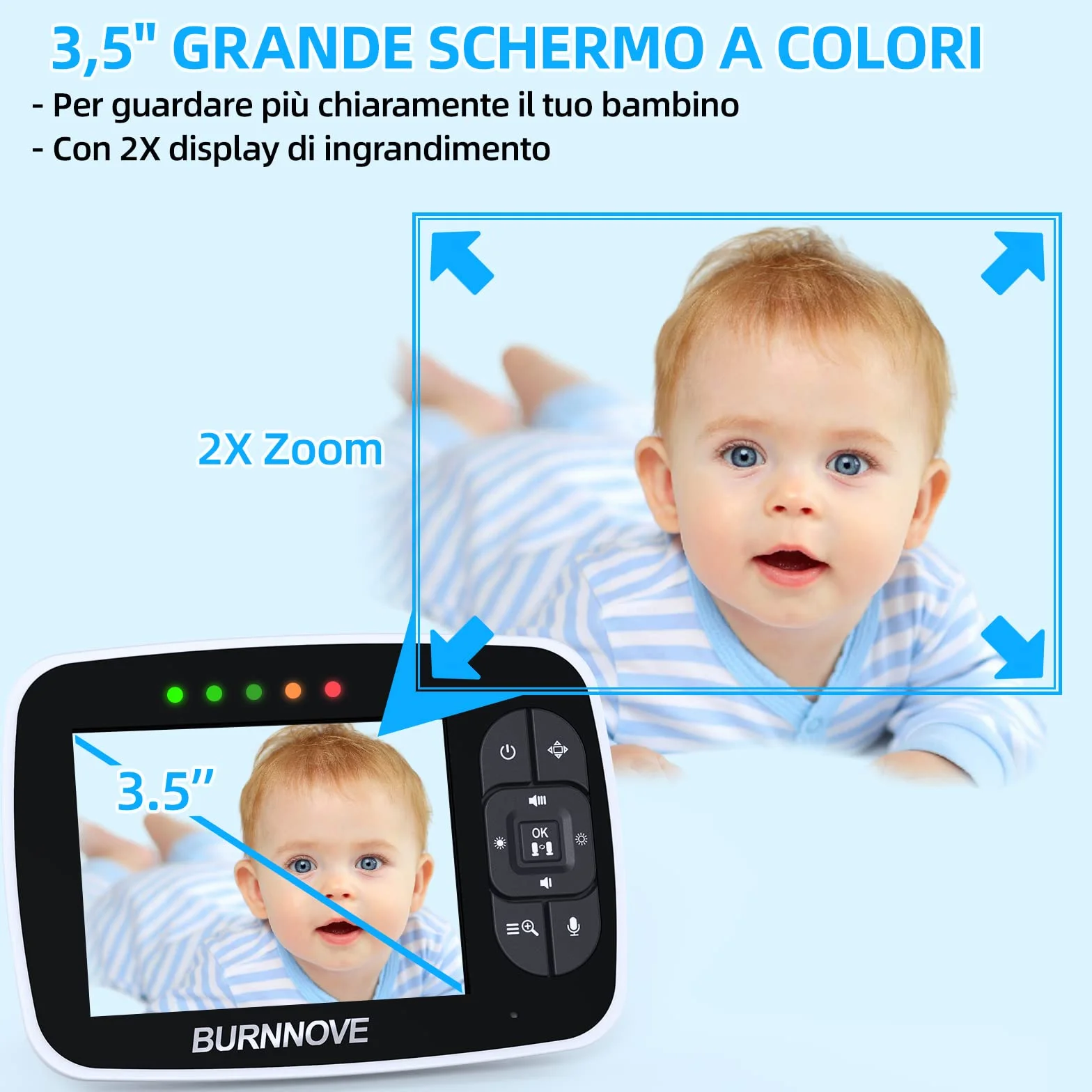 BURNNOVE Baby Monitor 3.5 Pollici Baby Monitor Video e Audio con Videocamera Remota 355° Rotazione, Zoom 2x, Modalità ECO, Visione Notturna 5m, Termometro e Ninne Nanne