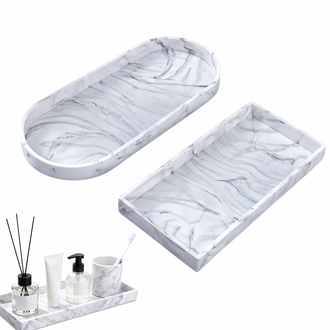 Vassoio Da Bagno In Resina,Vassoio Portaoggetti,Per Cucina,Lavello,Piani Di Lavoro,Per Riporre Gioielli,Anelli,Profumi,Candele,Saponi,Asciugamani,Piante,Accessori Da Bagno,Bianco Marmoreo