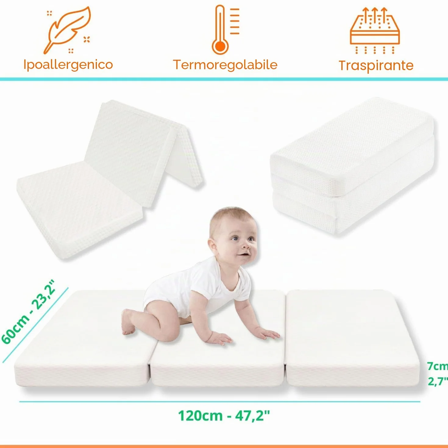 Materasso per lettino da campeggio- 120x60- Materasso per lettino per bambini e neonati, pieghevole per il massimo comfort-OEKO-TEX-Per lettino da viaggio-Copertura in bambù lavabile.