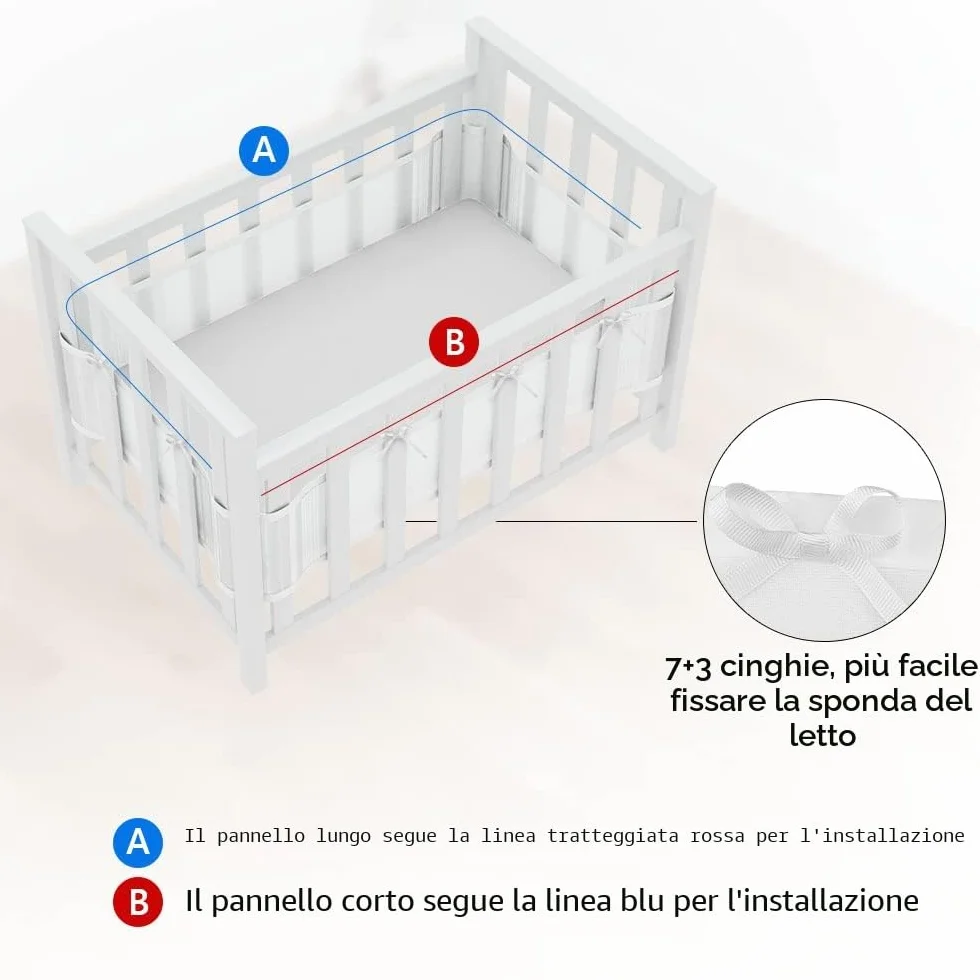 Vicloon Paracolpi Lettino, 2 Pezzi Paraurti Cot Morbida e Traspirante, Paracolpi per Lettino con 10 Cinghia Fissa, Lavabile, Bianca, 340cm x 30cm + 160cm x 30cm