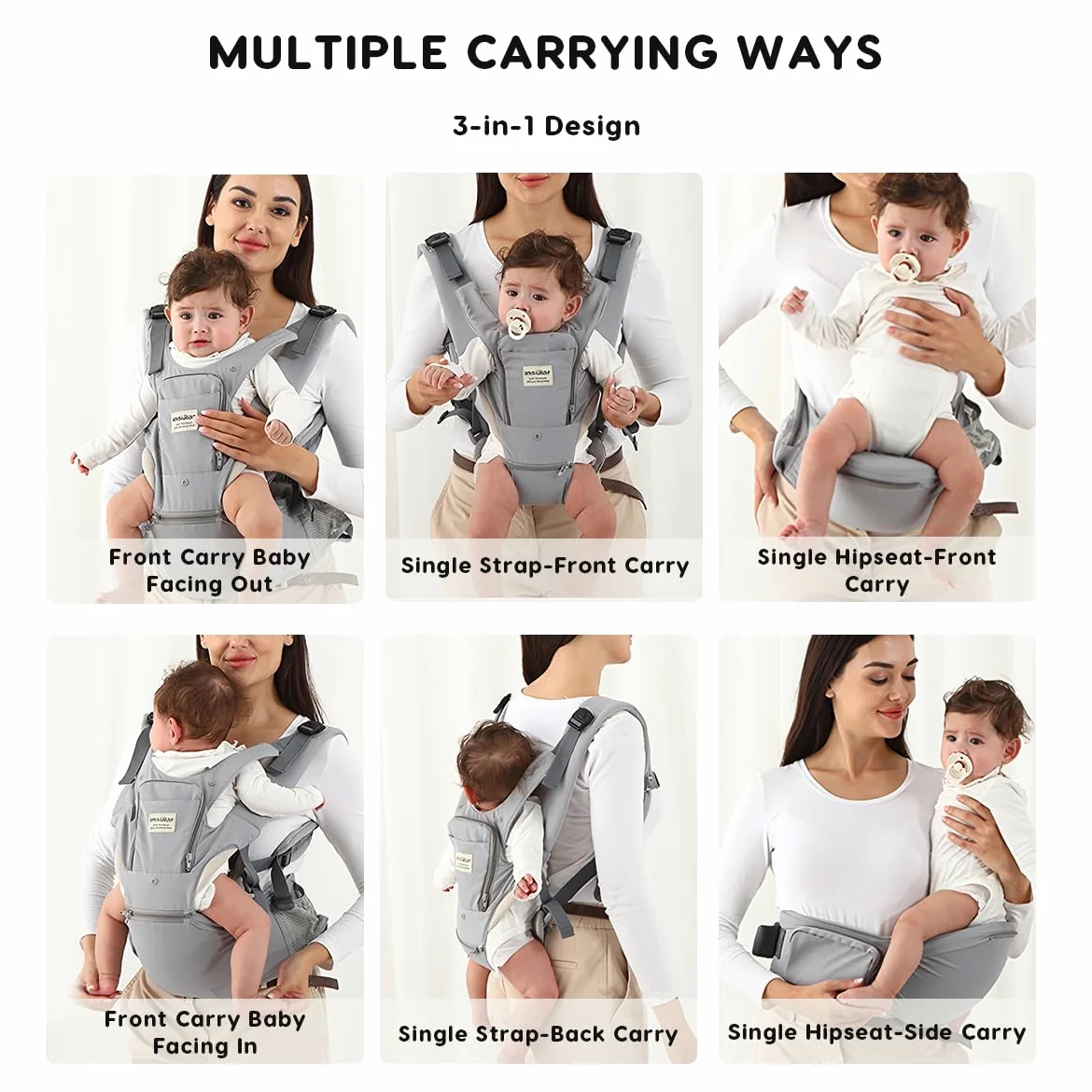 SONARIN 3-in-1 Leggero Marsupio Neonati con Sedile,Multifunzionale Traspirante Portantina Porta Bambino Fascia Porta Bebè con Cappuccio Rimovibile,Multi-Posizioni per Neonati(Nero)
