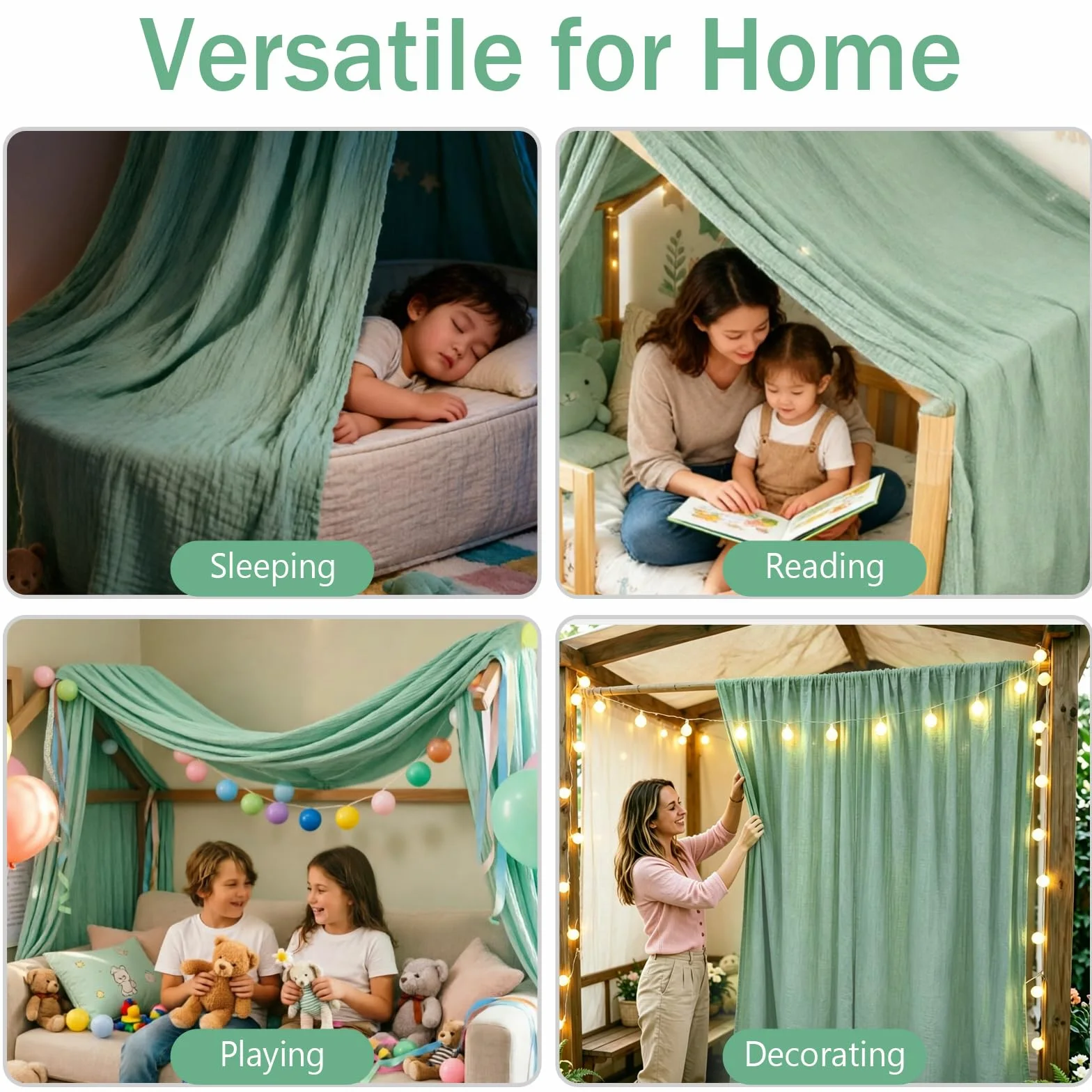 Ginkago Baldacchino 100% Cotone per Cameretta Tenda per Letto a Castello & Lettino Decorazione per Bambina e Bambino Salvaspazio per Stanze Piccole (Verde, 360 x 135 cm)
