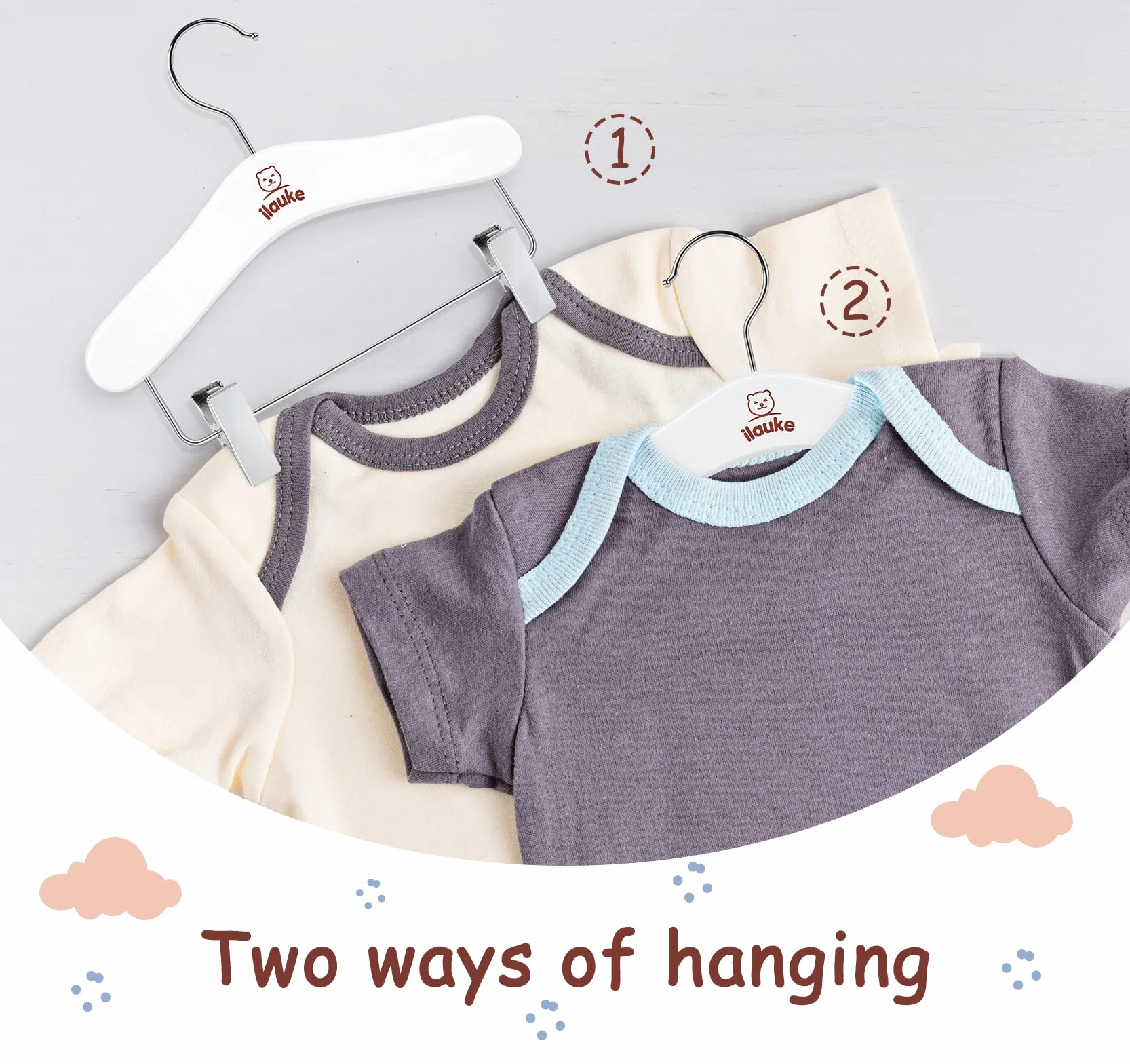Grucce bianche per bambini, set di 12 grucce in legno scorrevoli, classiche e solide con rotazione a 360°, ideali per vestiti per neonati o bambini, lunghezza 25 cm