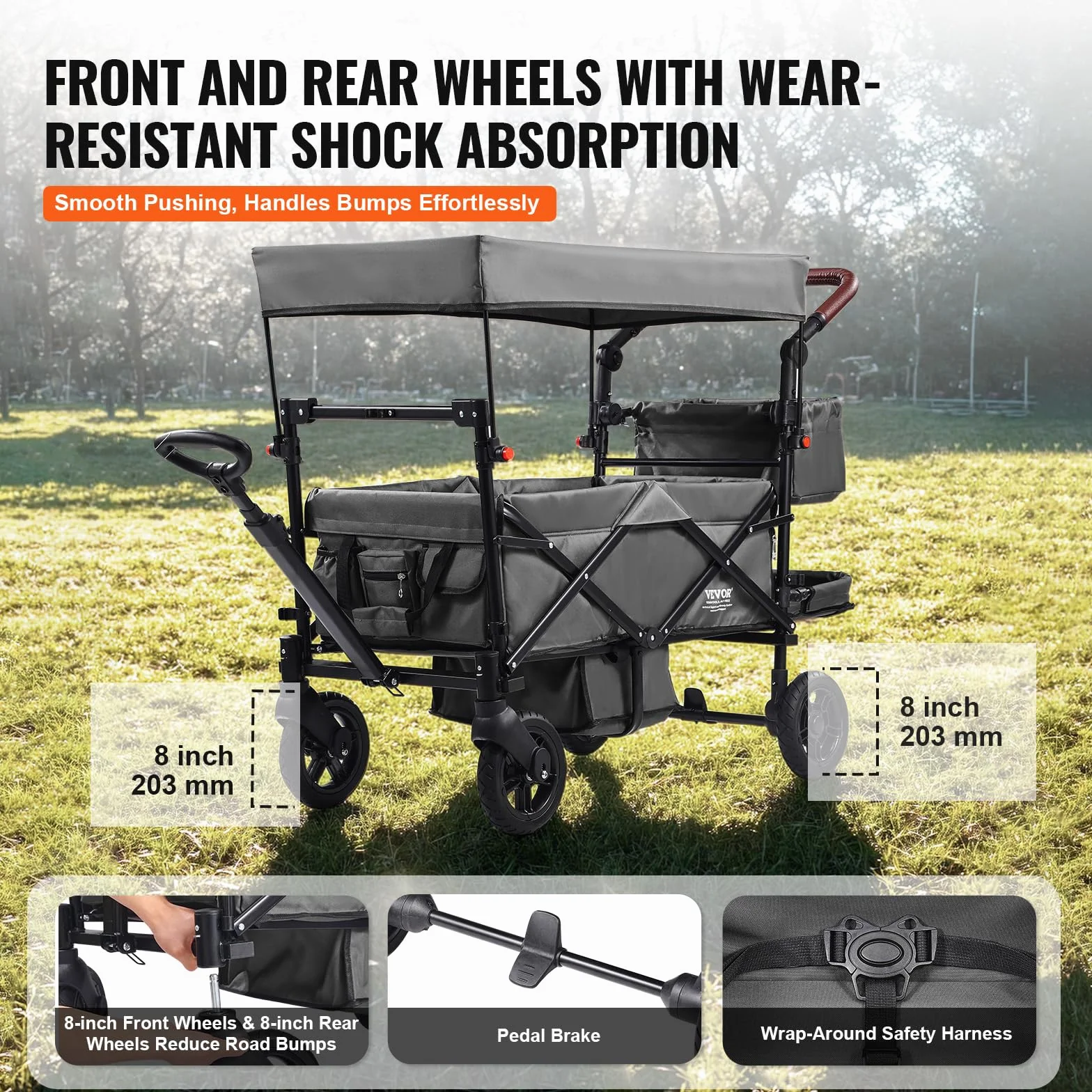 VEVOR Passeggino Wagon per 2 Bambini, Passeggino Pieghevole con Maniglia Regolabile, Tettuccio Rimovibile, Lmbracatura Circolare, 4 Ruote Freni Passeggino Portatile Multifunzione Campeggio, Grigio