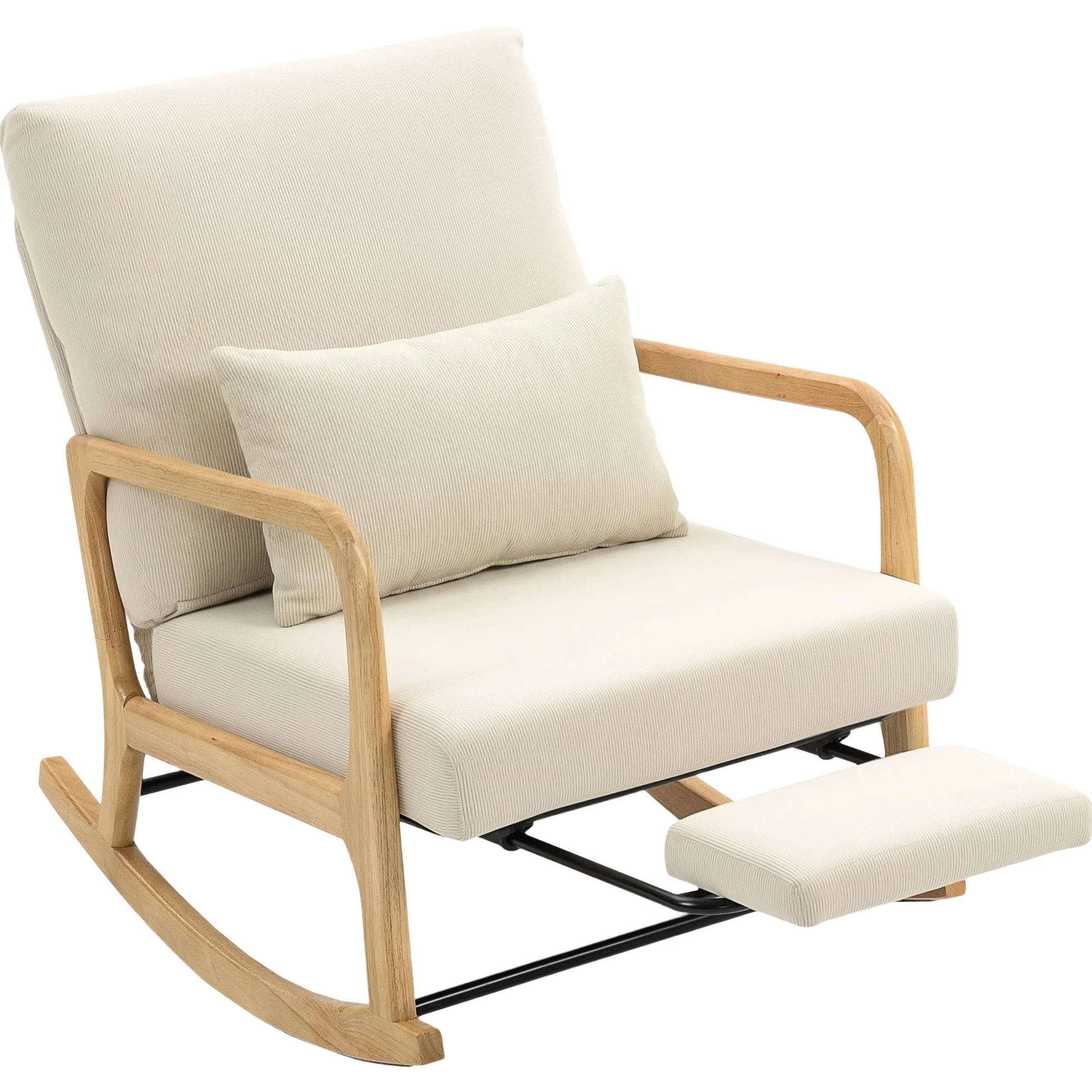 HOMCOM Sedia a dondolo con poggiapiedi, schienale regolabile, sedia a dondolo nordica in velluto a coste, gambe in legno, braccioli, cuscino lombare, sedia per allattamento, carico 120 kg, per camera