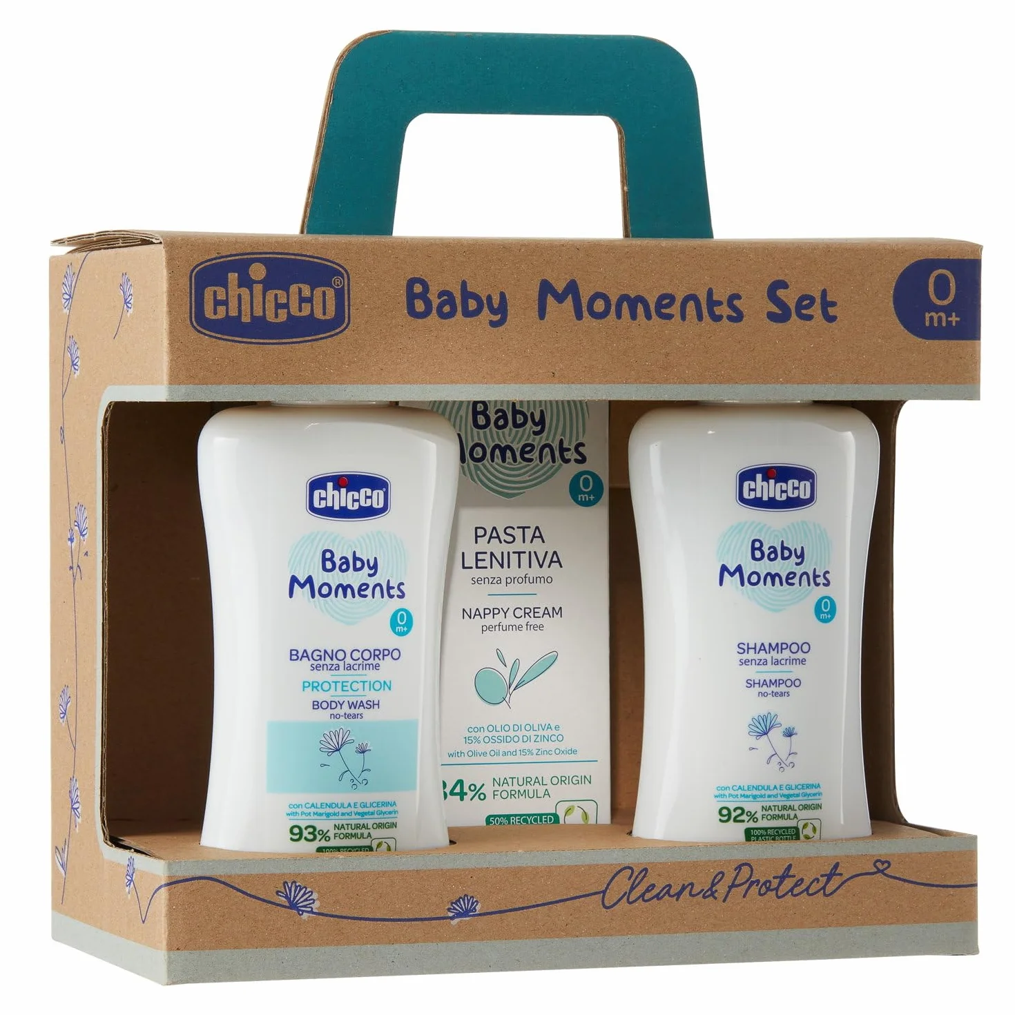 Chicco Baby Moments Set con Bagno Corpo da 200 Ml, Shampo Senza Lacrime da 200 ml, Pasta Lenitiva da 100 Ml, Idea Regalo, 0 Mesi +