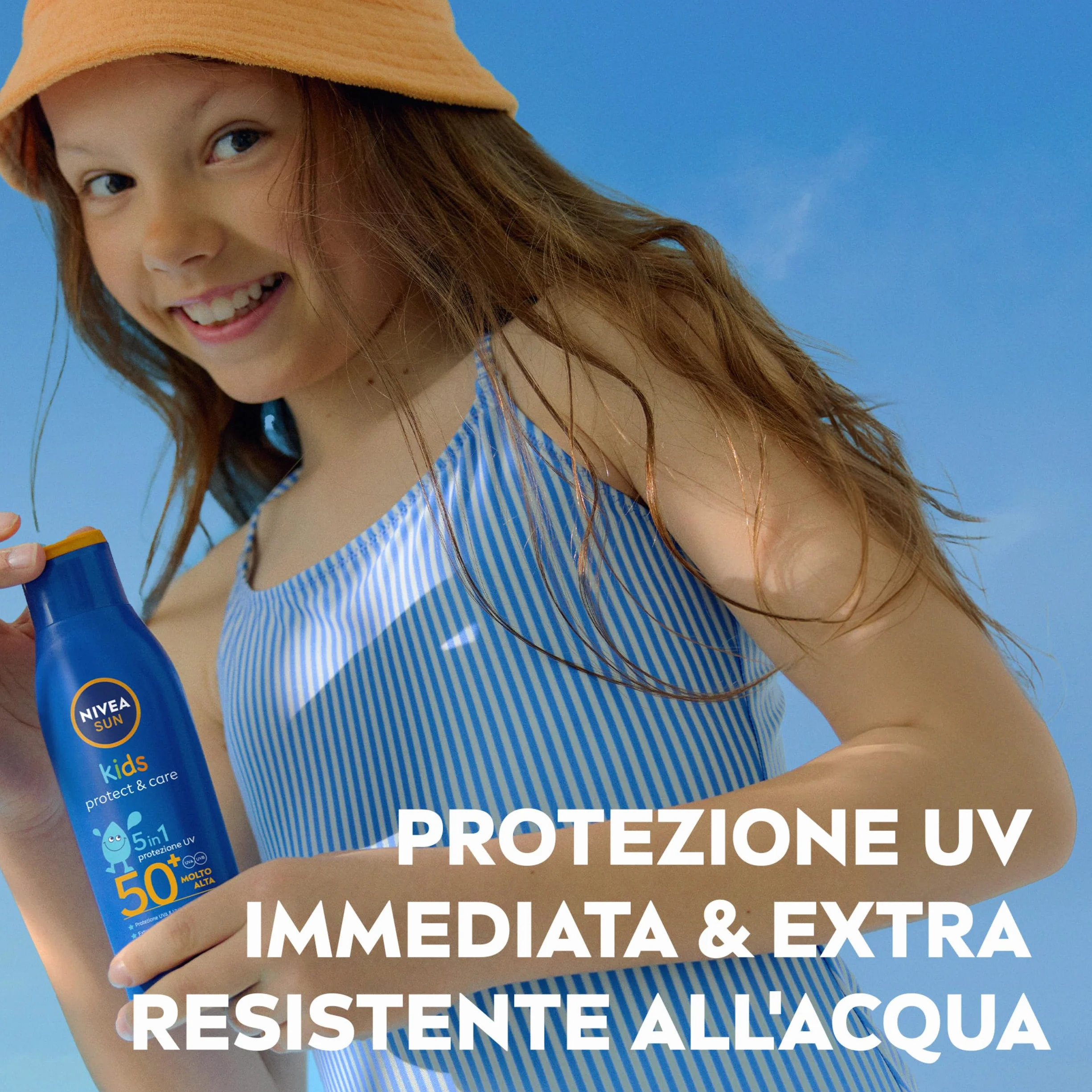 NIVEA SUN Kids Protect & Care SPF 50+ 200 ml, Crema solare 50 bambini 3+ anni per la pelle delicata, Protezione solare 50 bambini extra resistente all'acqua e al sudore con Pantenolo, Vitamina C & E