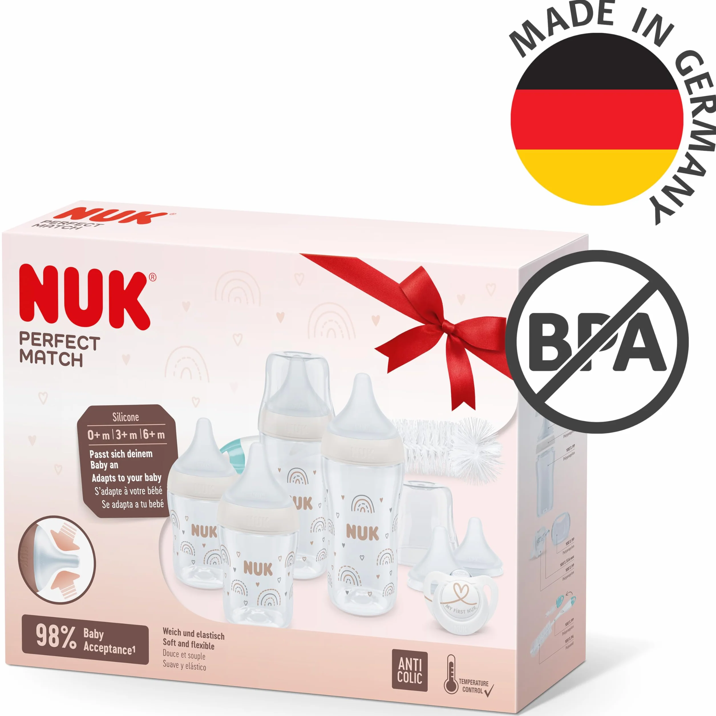 NUK Confezione biberon Perfect Match Perfect Start | 0-6+ mesi | Si adatta al palato del bambino | 4 biberon anti-colica, ciuccio, scovolino per biberon e altro | Senza BPA | 9 pezzi