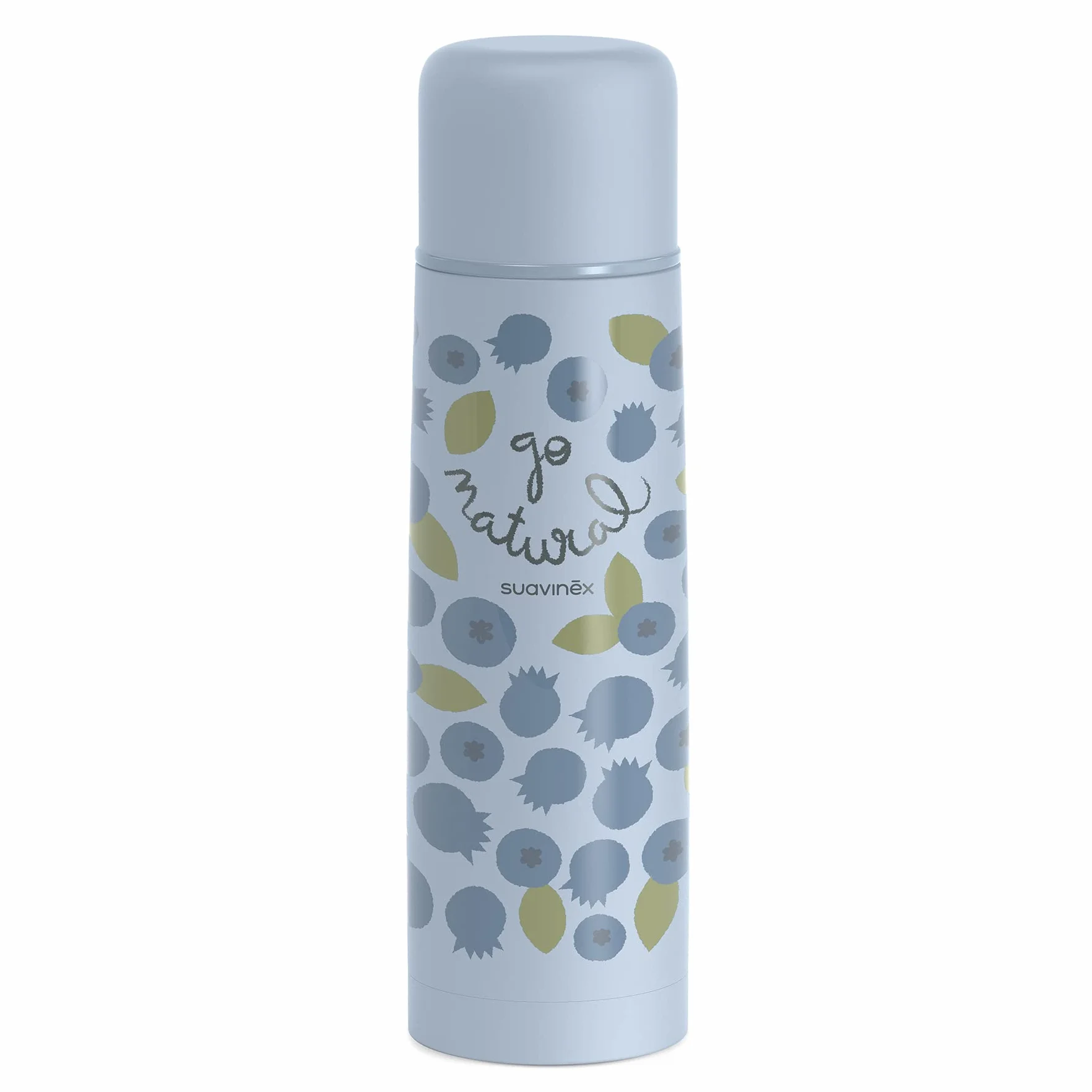 Suavinex, Thermos liquido per bebè, in acciaio inox, con chiusura ermetica, per bevande calde e fredde, 500 ml, motivo mirtillo, colore blu