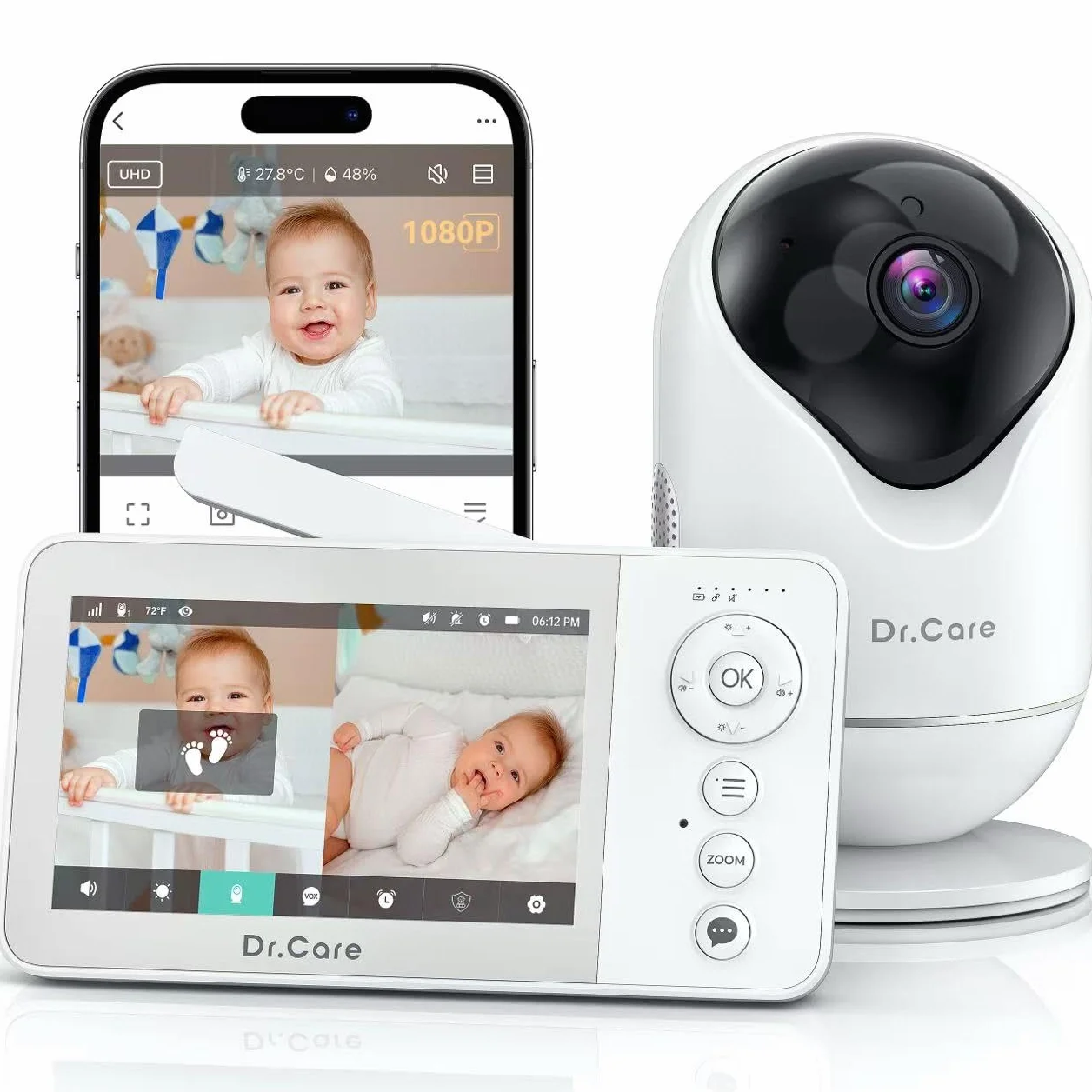Dr.Care VistaView Lite Smart WiFi Babyphone - 2 telecamere, 4" 720P split-screen, controllo app 1080P, rilevamento del movimento (Baby Monitor con 1 Telecamera + 1 Supporto da Parete)