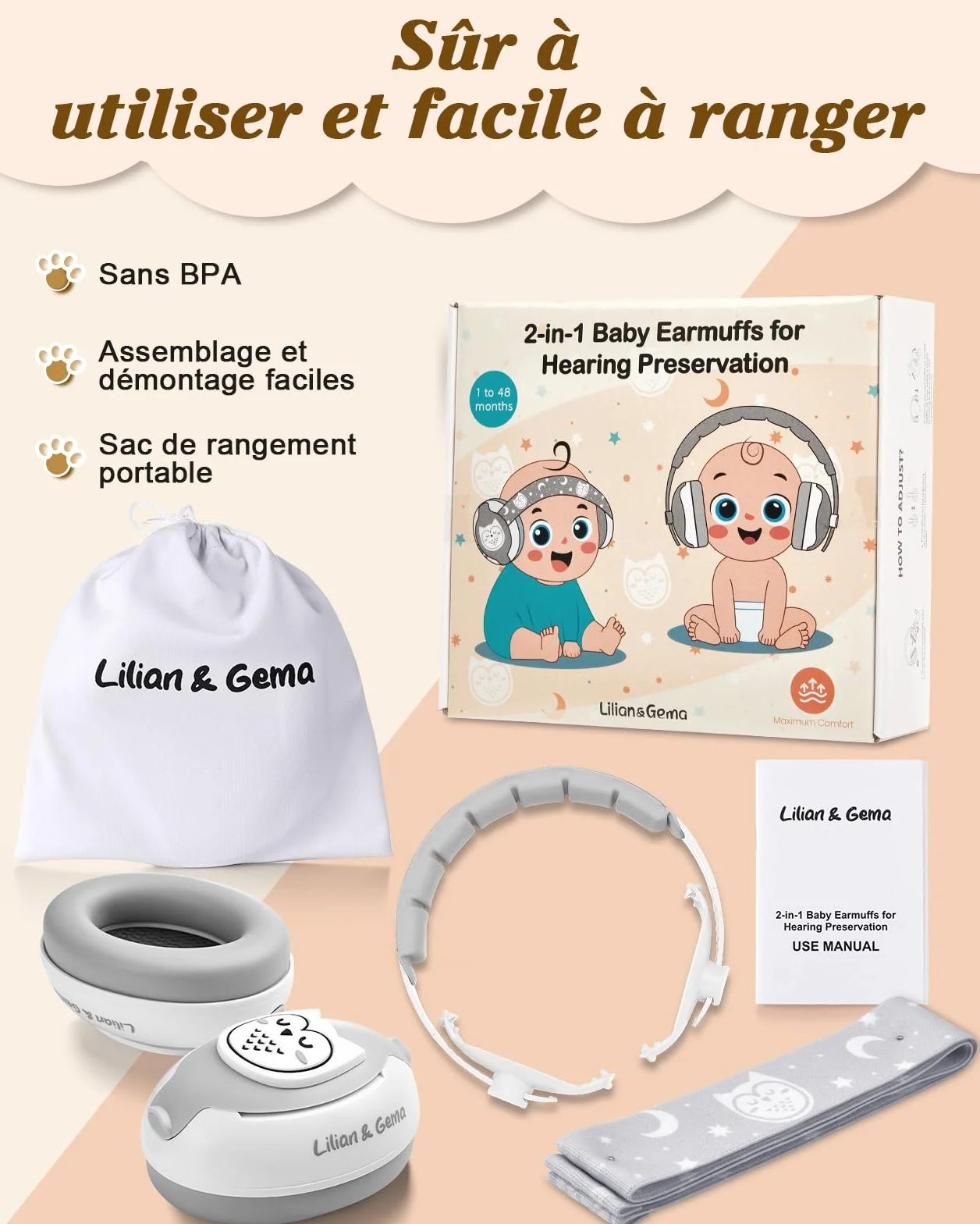 Lilian&Gema Bambino 2 in 1 Casco Anti Rumore Regolabile Casco Bambino Anti Rumore, Casco Anti Rumore Bambino per Meno di 48 Mesi, Sonno e Attività, Protezione Uditiva Per Bambini