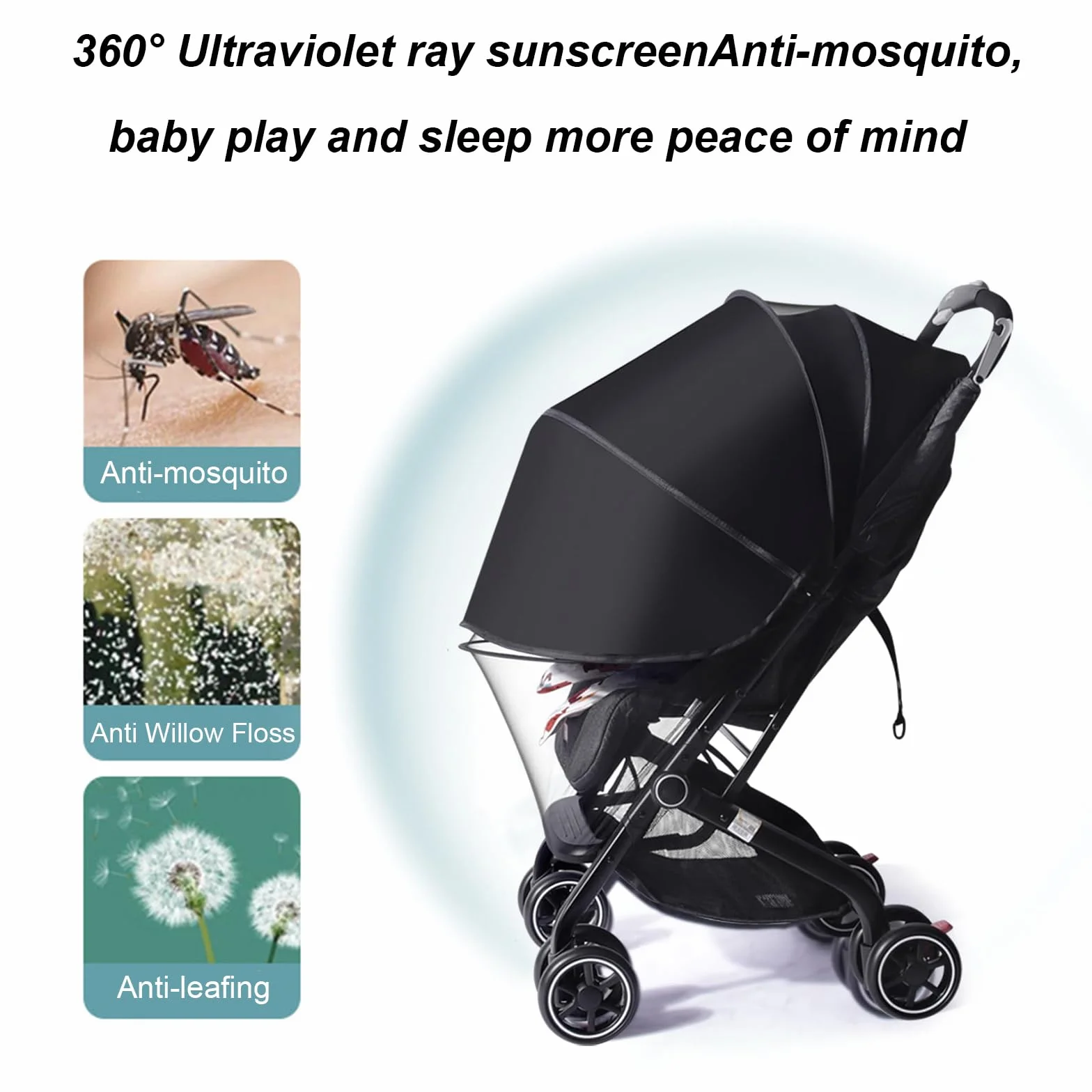 2 in 1 Zanzariera Passeggini Universale, Protezione UV 50+ per Parasole Passeggino,Copri Passeggino Estivo, Antipolvere e Antivento,Nero