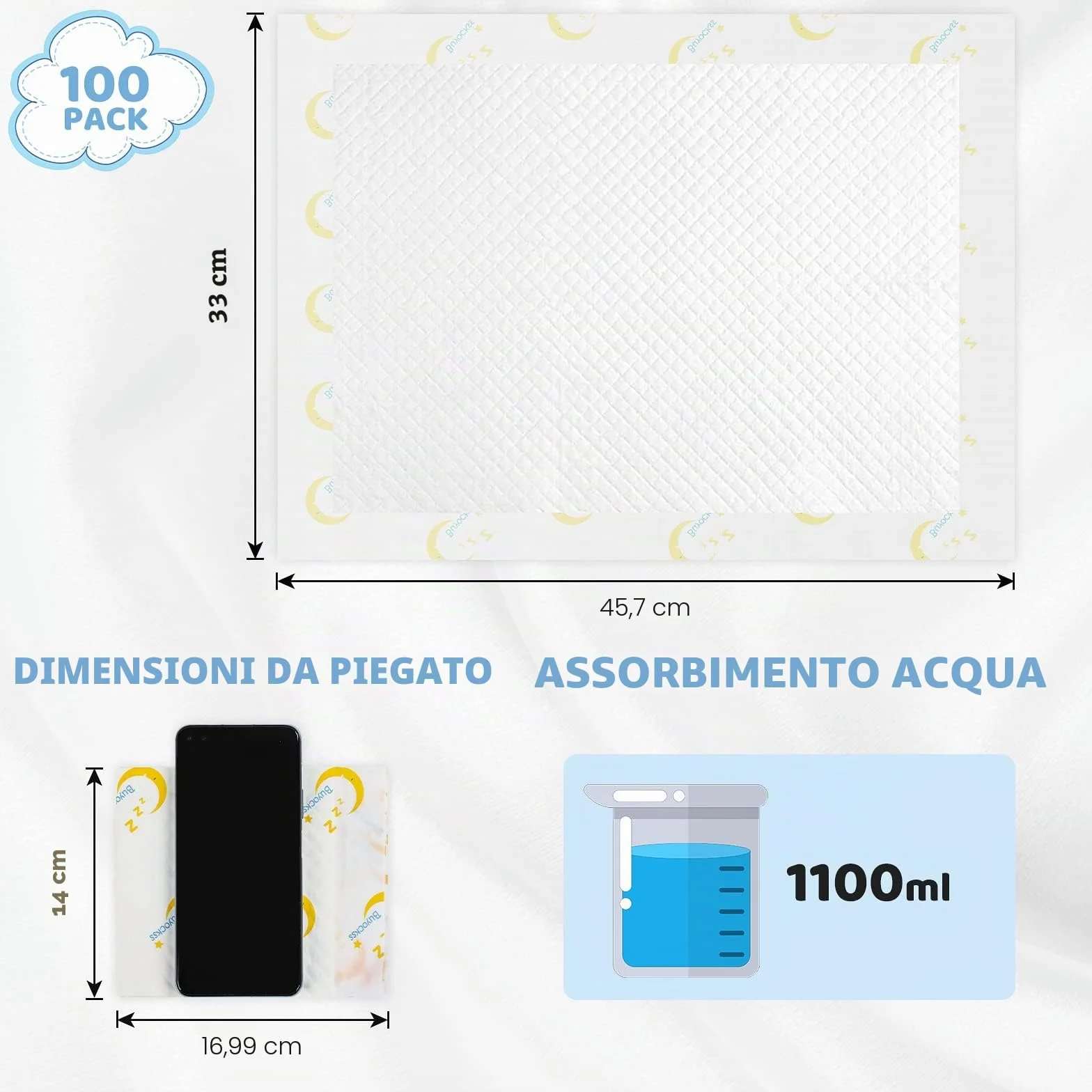 Fasciatoio usa e getta per bambini, 100 pezzi, per incontinenza, pannolini ad assorbimento rapido, morbido, traspirante, impermeabile, a prova di perdite, 33 x 45,7 cm