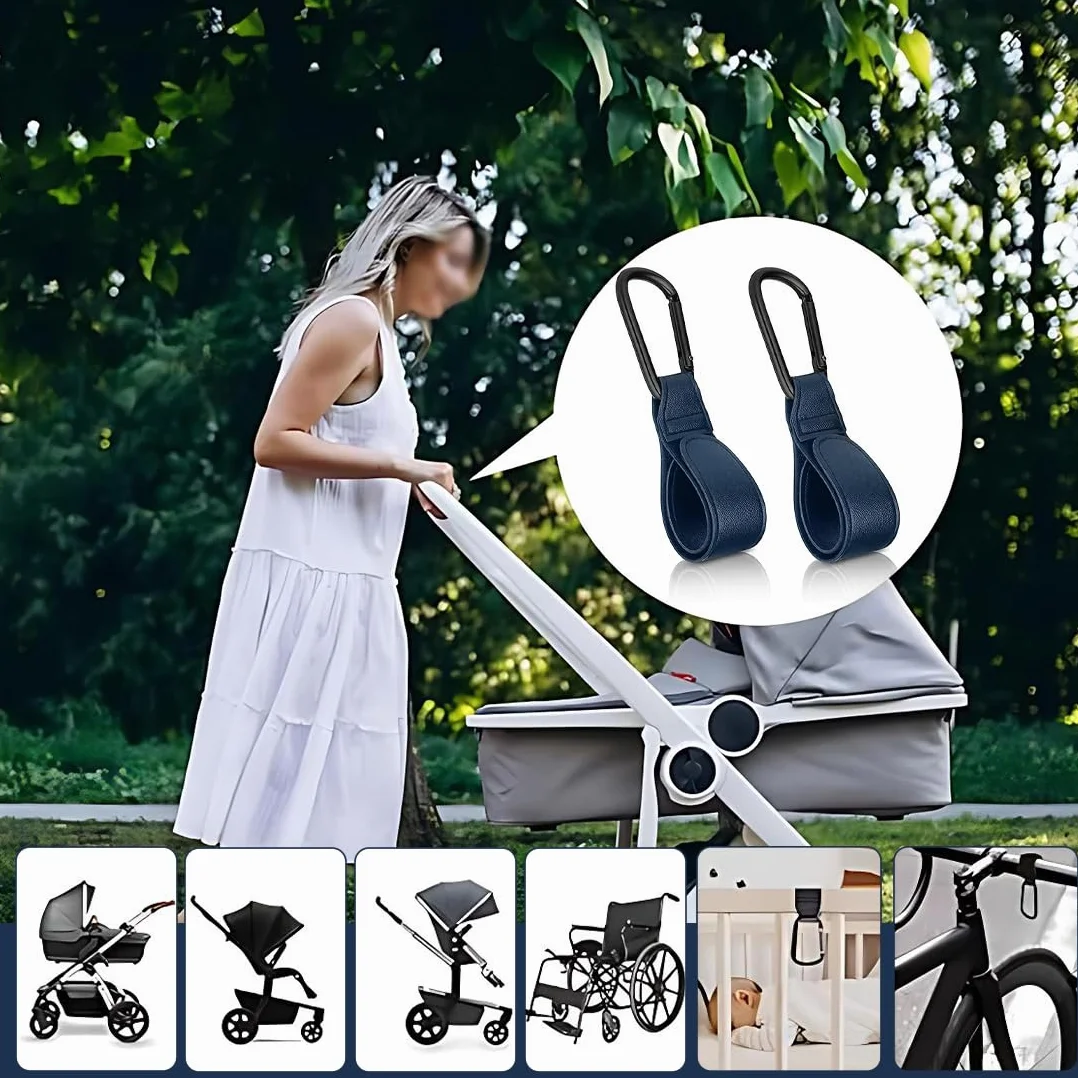 Set di 2 Ganci per Passeggino in Pelle PU - Accessorio Universale per Carrozzine e Borsine, Superficie Antiscivolo, Regolabile con Portata fino a 10 kg - Blu, 20 x 3 x 1 cm