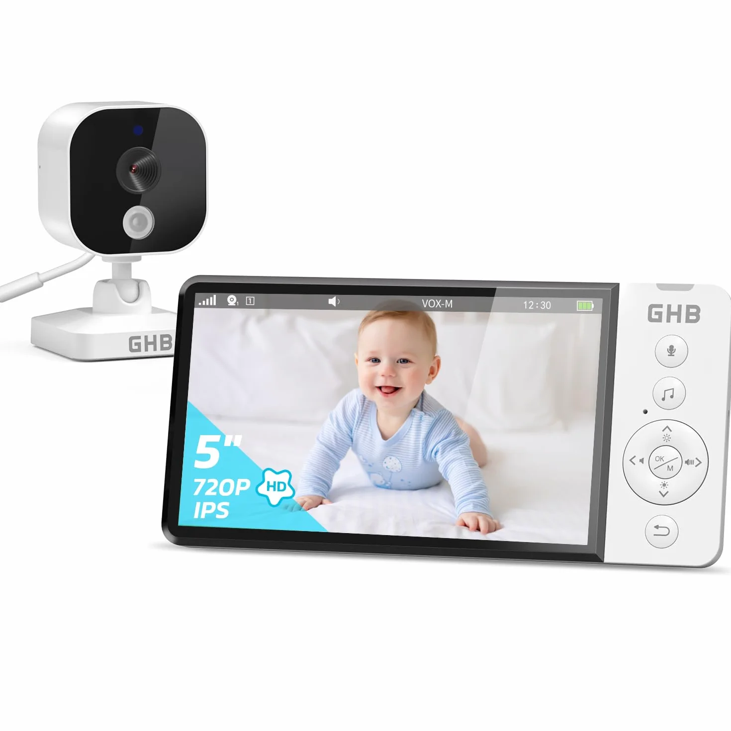GHB Baby Monitor Video e Audio 5" Telecamera Neonato con Monitor IPS 5000mAh VOX, Visione Notturna, Rilevamento della Temperatura, Ninnananna