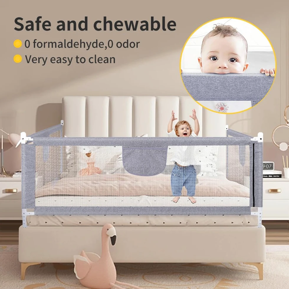 Bed Rail, Barriera del letto per bambini, pieghevole, Barriera di sicurezza per bambini, tessuto a rete/E, 2 m, grigio