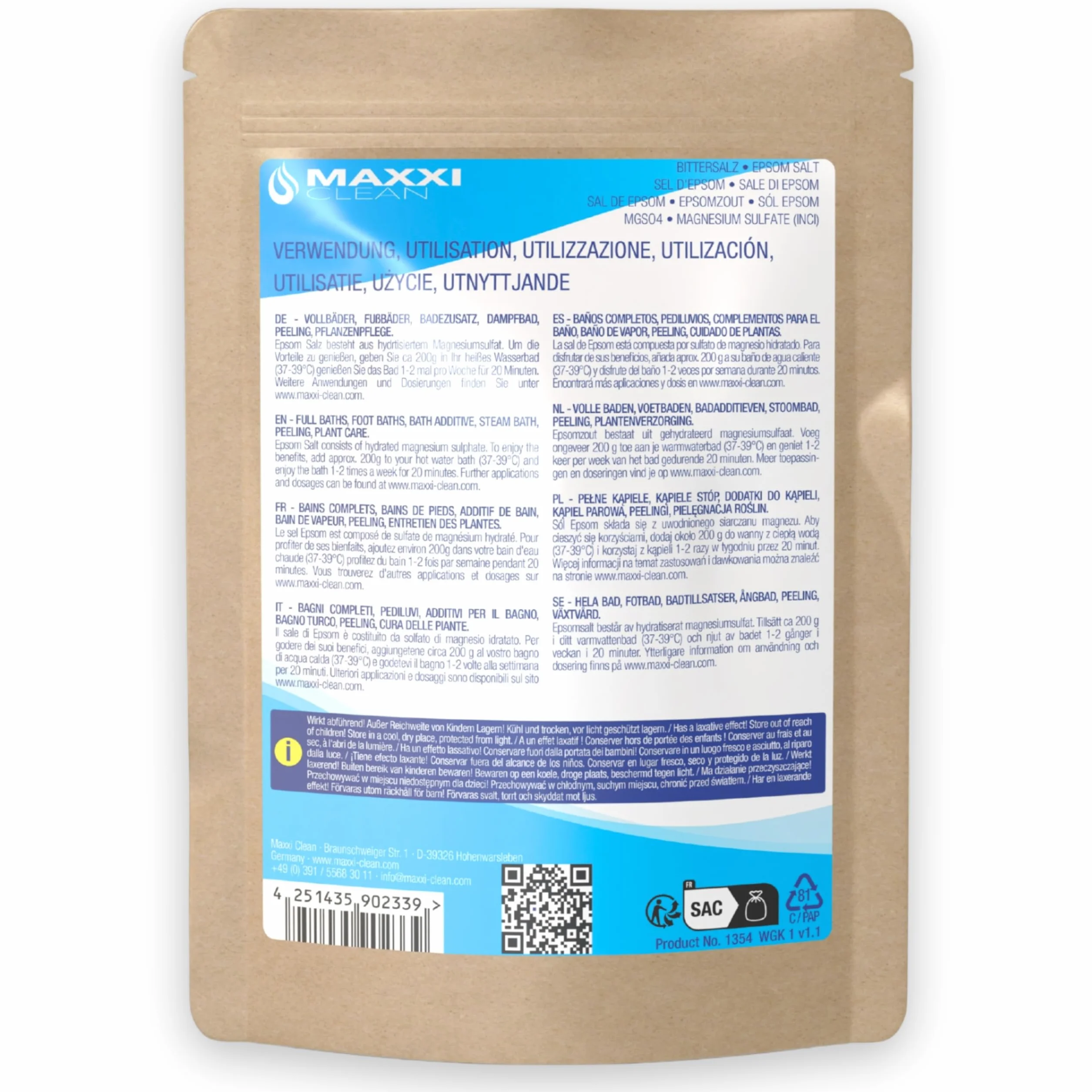 Maxxi Clean | 900 g di sale Epsom altamente puro | Sale da bagno per benessere e peeling del corpo | Solfato di magnesio per muscoli, pelle e anima | Magnesio adatto alla cura del giardino