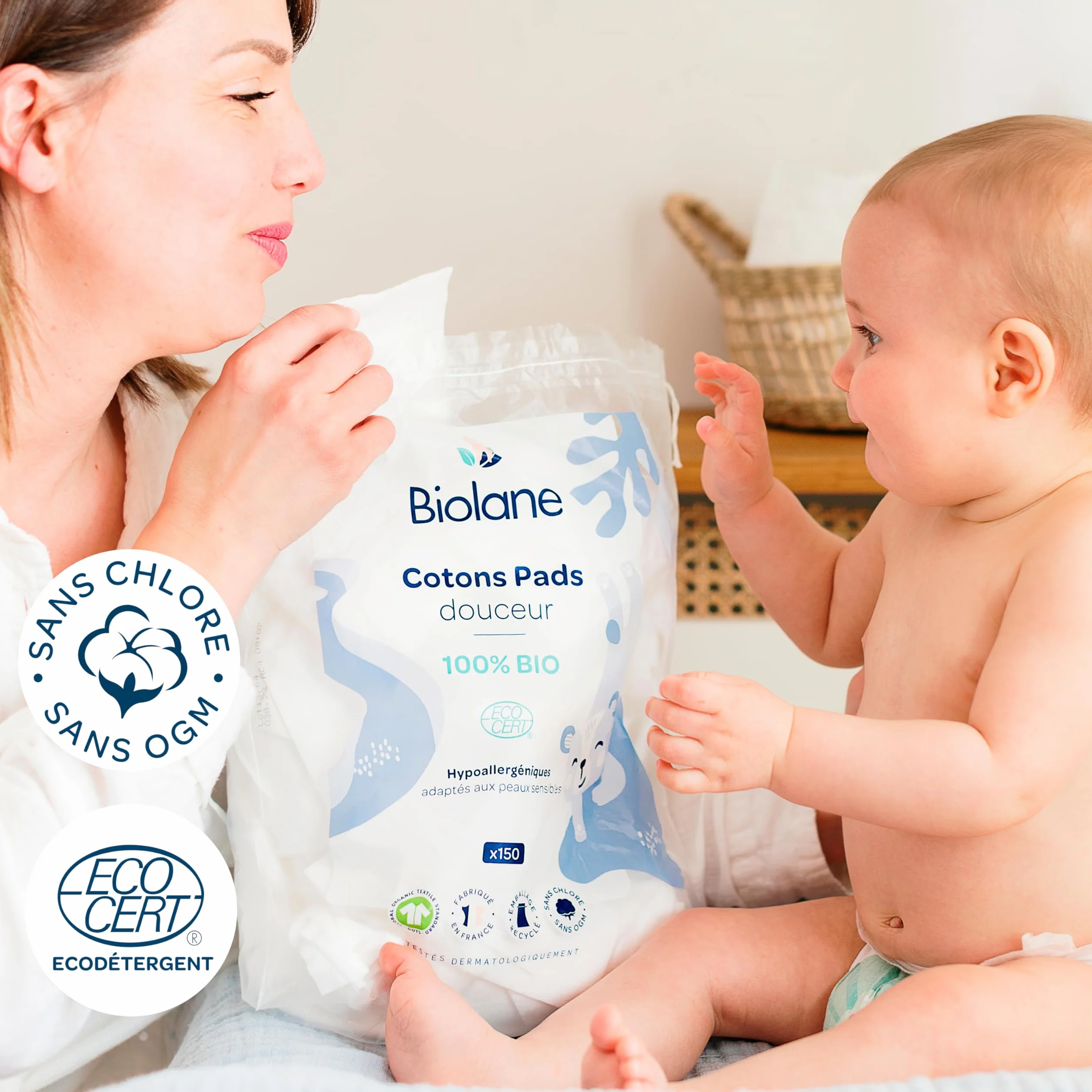 BIOLANE - Set di 3 tamponi morbidi in cotone - Bambino - 100% Bio - 150 cotone - Pelle sensibile - Cambia & Toilette - Fin dalla nascita - Made in France