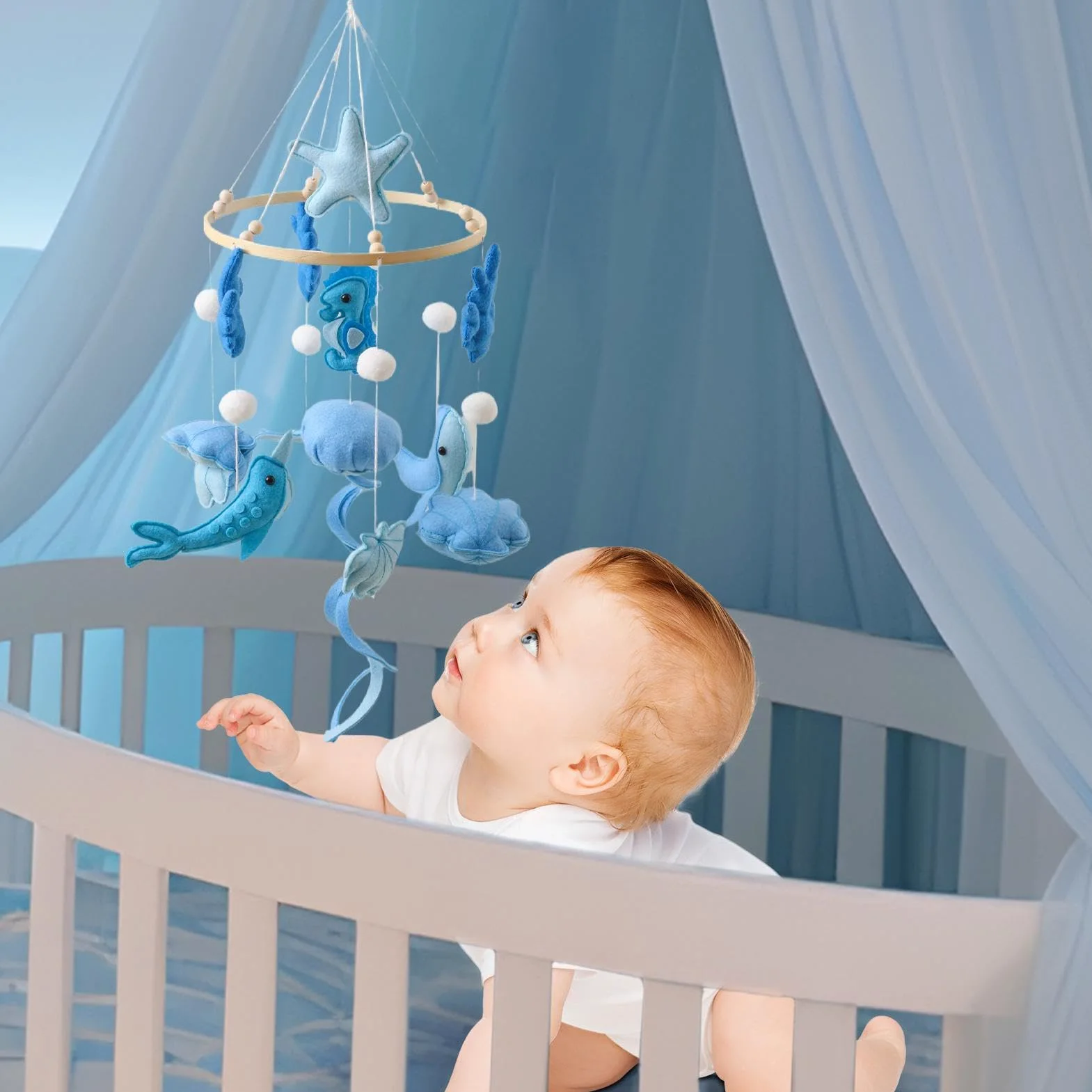 Mobile per culla da appendere al soffitto, tema marino, sensoriale | Mobile a culla fatto a mano per la cameretta dei bambini, genitori appena sfornati, box, passeggino, oggetti di scena