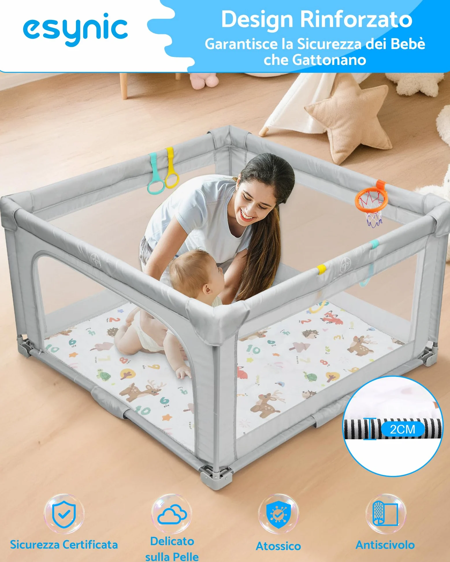 eSynic Tappetino da Gioco Pieghevole per Bambini 150x150cm, Antiscivolo a 4 Strati ed Educativo con Design Animali e Numeri, Tappeto Neonato per Gattonamento, Picnic e Recinti, Lavabile in Lavatrice