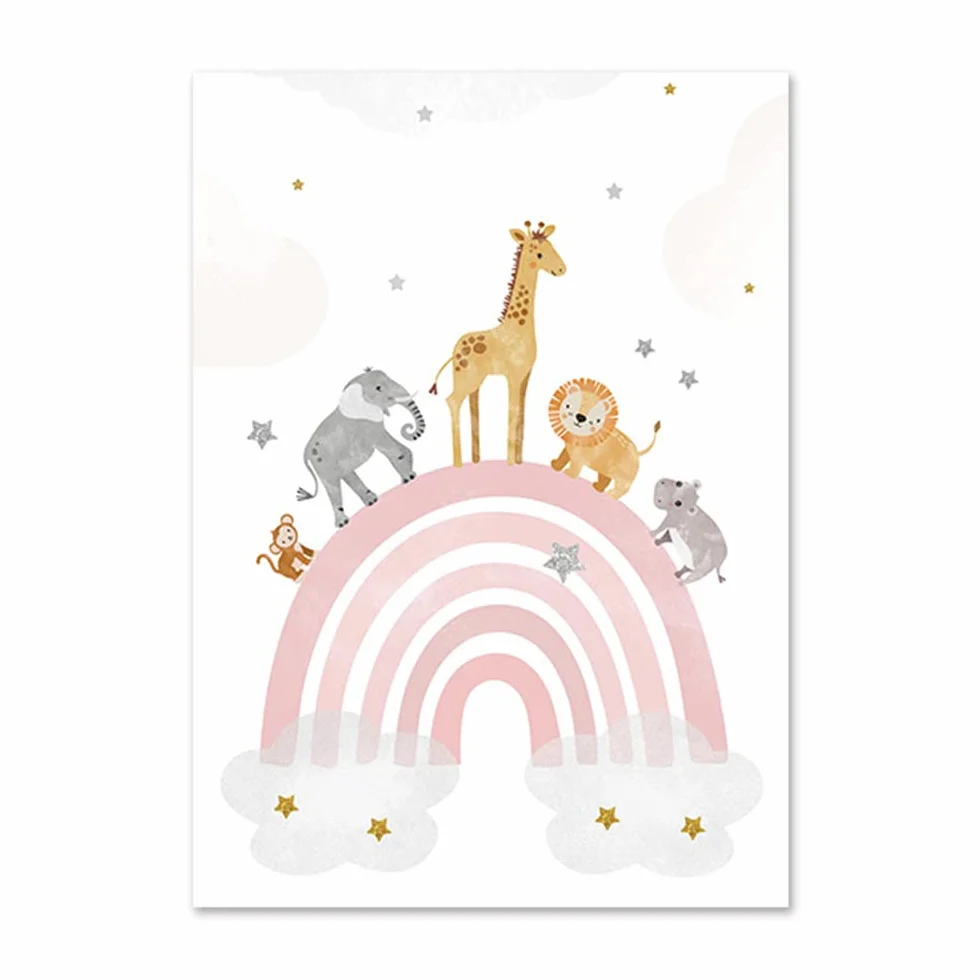 Youihom 3 posteri camera da letto ragazza tavolo bebe arcobaleno mongolfiera animali rosa tela con nome personalizzato parete art déco regalo senza cornice