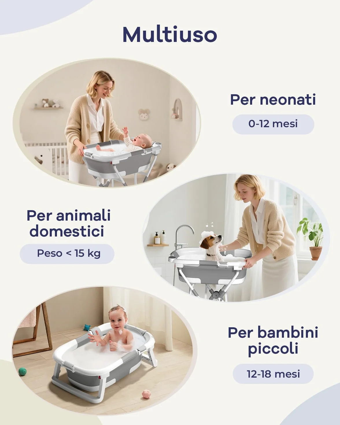 2 in 1 Bagnetto neonato con supporto, vaschetta da bagno con rete di sostegno per neonati e bambini piccoli, design multiuso e pieghevole per riporla facilmente, grigia