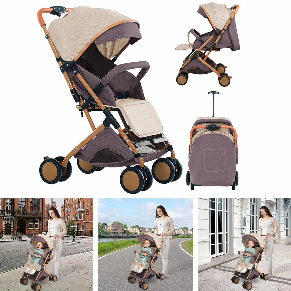 Passeggino a canna, passeggino, passeggino reclinabile, passeggino con rete in cotone, 4 ruote, può sedersi, carrozzina a 4 ruote, con zanzariera - 45 x 71 x 98 cm - cachi
