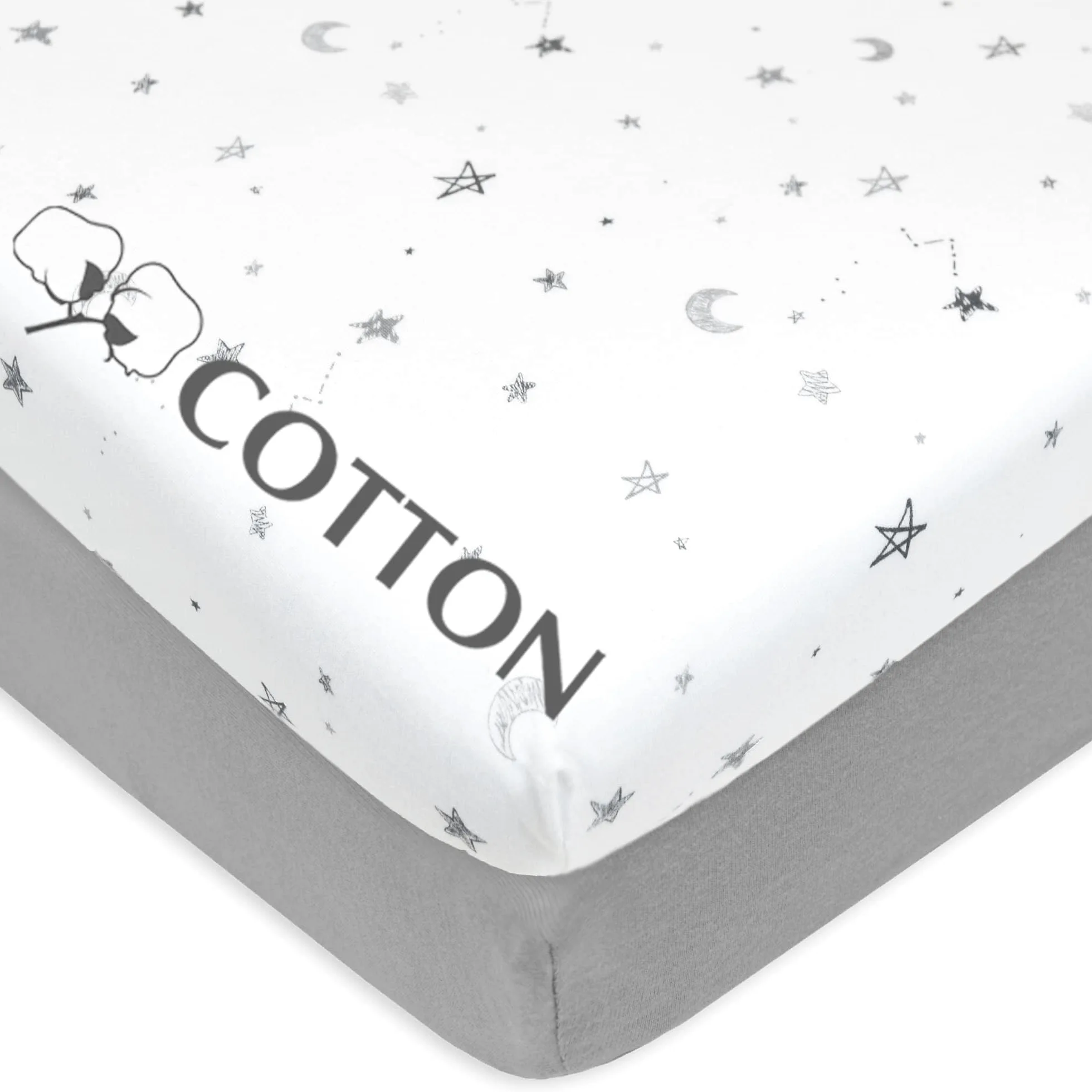 American Baby Company Confezione da 2 lenzuola con angoli per mini culla, 61 x 96,5 cm, in morbido jersey di cotone neutro traspirante, grigio con stelle e grigio, per ragazzi e ragazze, si adattano