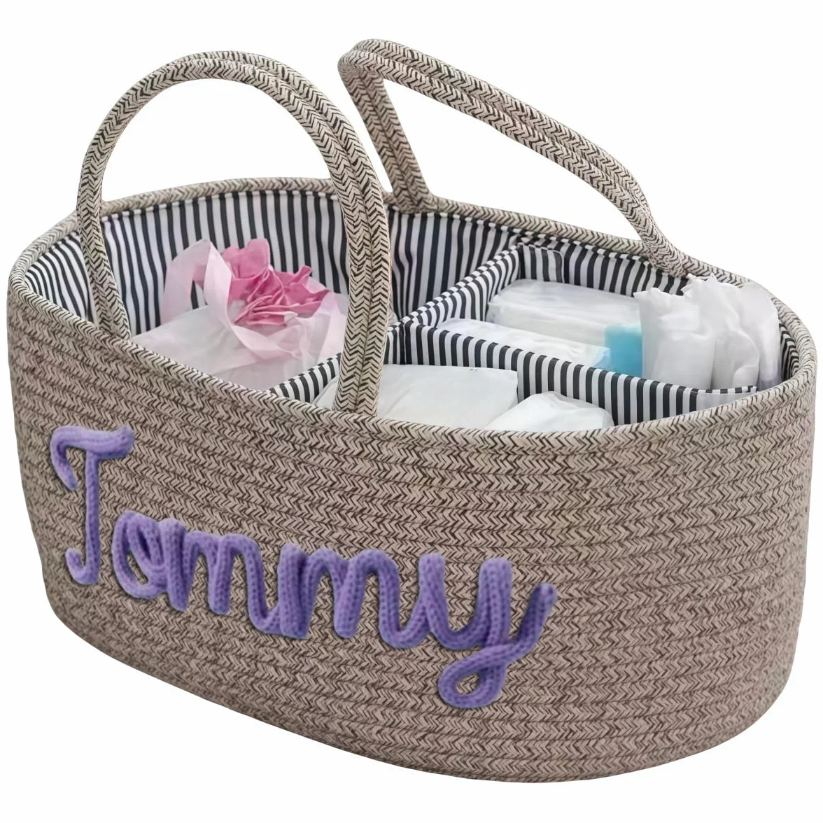 Cesto Regalo Personalizzato Per Baby Shower Con Nome, Cestino Portaoggetti Per La Cameretta In Corda Di Cotone Per Organizzare Pannolini, Salviette E Articoli Essenziali Per Neonati(Beige)