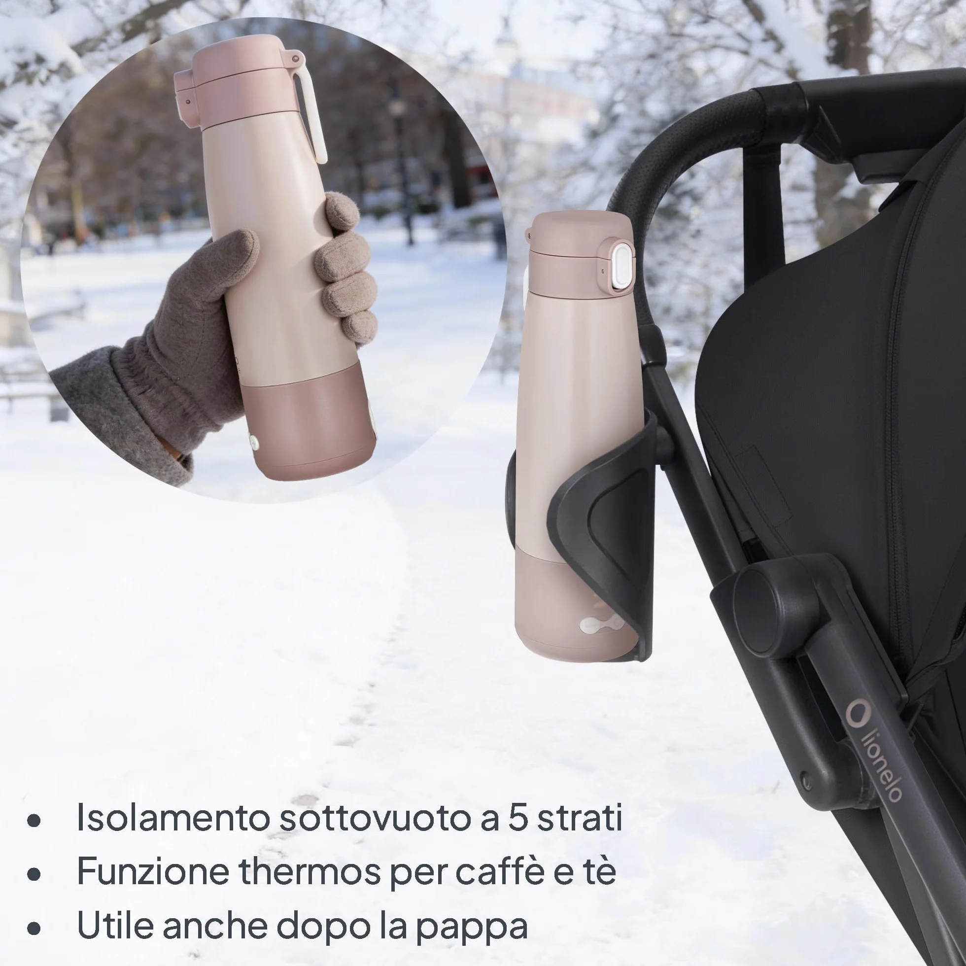 Lionelo THERMUP BOTTLE Scaldalatte Portatile Senza Fili, Compatto 350 ml, Riscalda Latte o Acqua in 3,5 Min, Controllo Temperatura 37-55°C a 5 Livelli, Termos per Latte fino a 20 h, Display