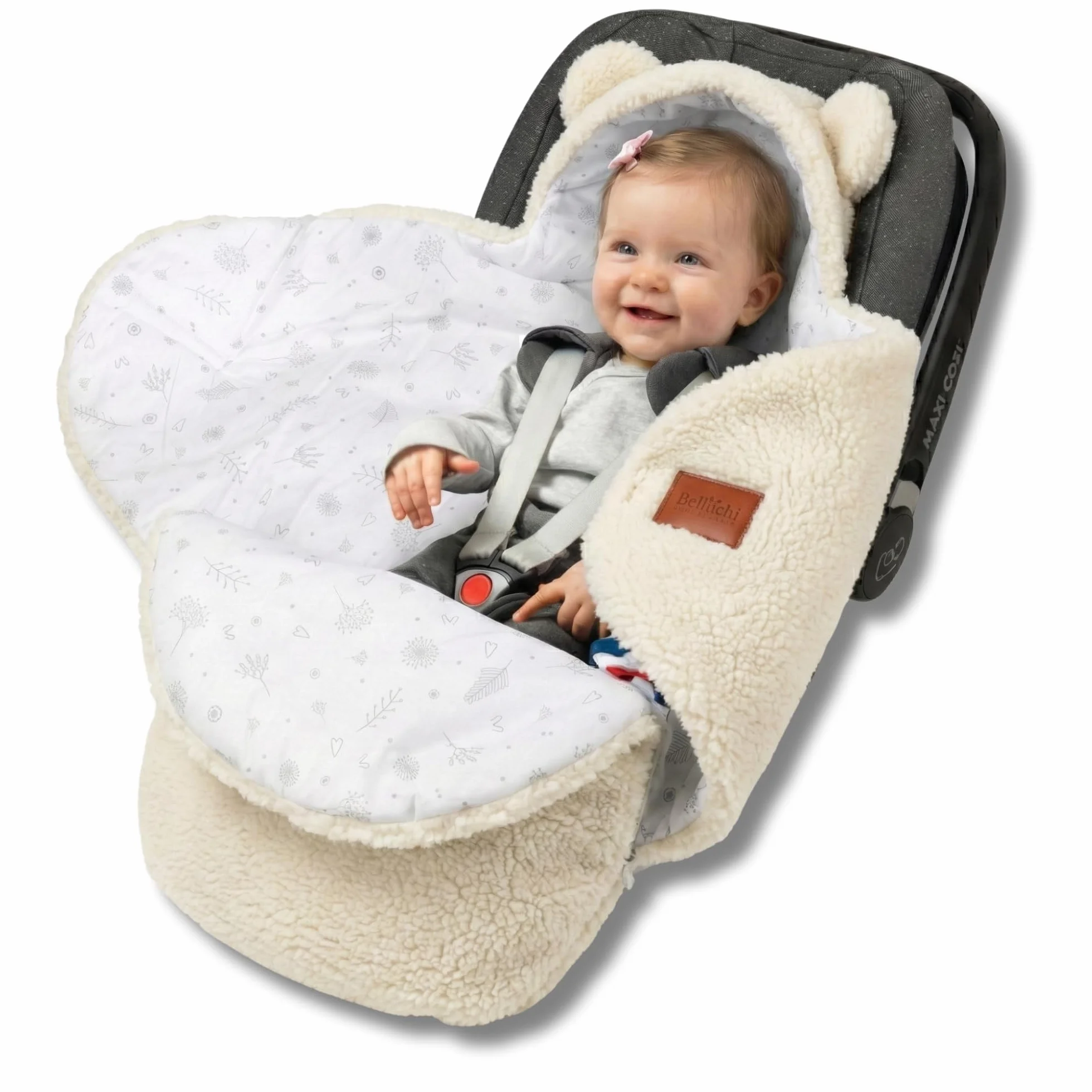 Bellochi Coperta per Ovetto e Passeggino, Bianca, 90 x 90 cm, per Seggiolino Auto, Morbida in Cotone Oeko-TEX, Invernale per Bambini