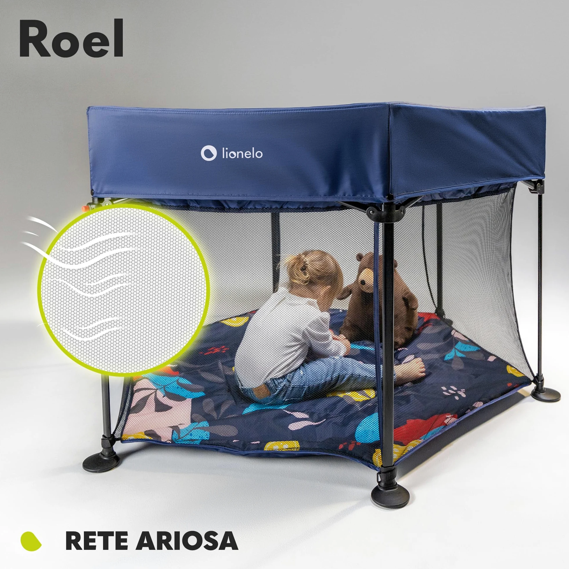 LIONELO Roel box bambini da 6 mesi fino a 15kg forma esagonale grandi dimensioni 135 x 118 x 83 cm Blocco di piegatura LockGuard, le pareti trasparenti, Gambe antiscivolo, Piegatura facile, Borsa