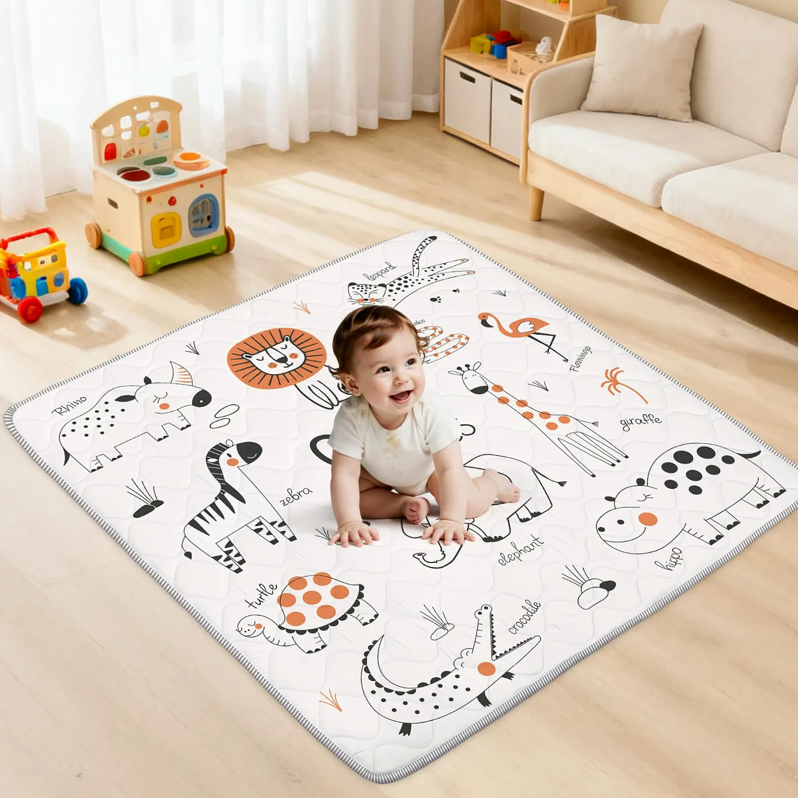 Tappetino per Giochi Bambino 127 * 127cm, Tappeto Attività Morbido con Imbottitura Spessa per Tempo a Pancia in Giù, Base Antiscivolo Sicura per Gattonamento, Animali linea