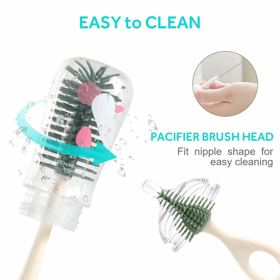 Vicloon Spazzola per Biberon, 3 Pezzi Silicone Pulizia Biberon e Ciuccio con Base per Riporre, Scovolino in Silicone per la Pulizia Tettarella, Cannucce, Verde-Base