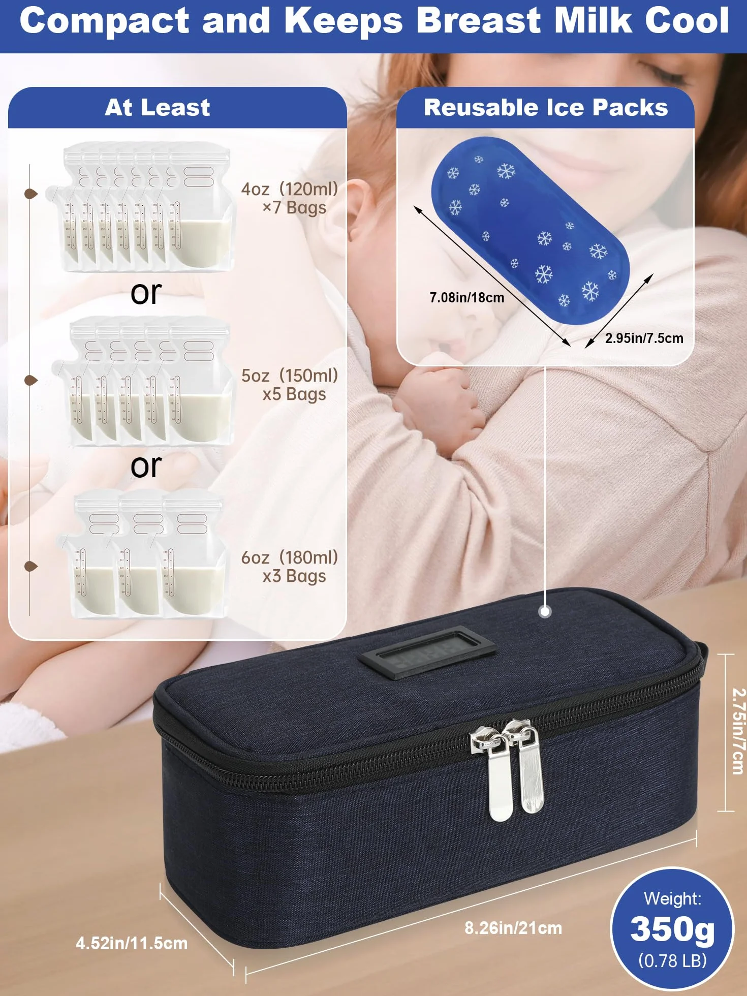 YOUSHARES Borsa termica per latte materno, borsa da viaggio per latte materno (blu navy)