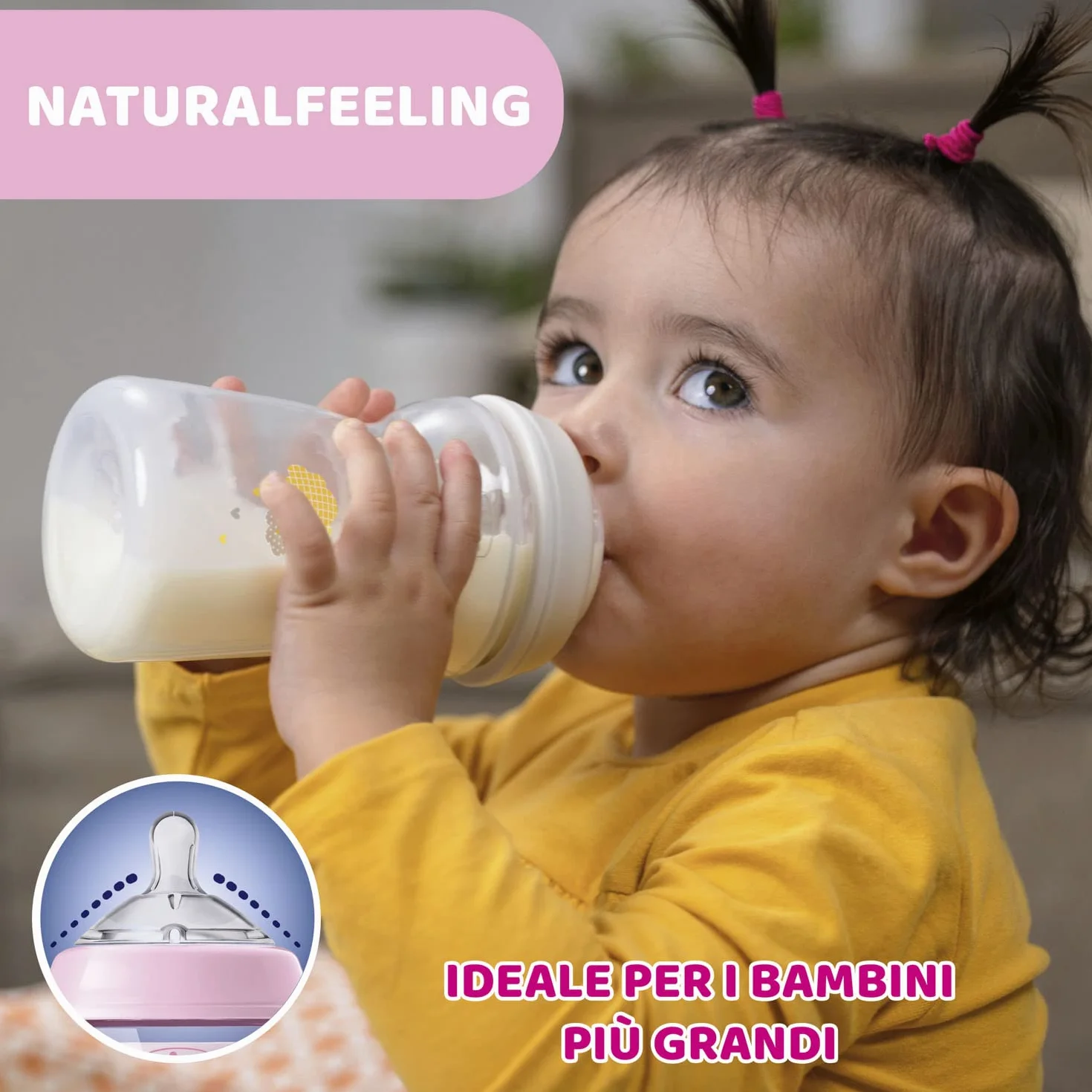 Chicco Biberon Anticolica Natural Feeling, 6 Mesi +, 330 ml, Biberon con Tettarella in Silicone Morbida e Flessibile, Adatto per allattamento misto, Flusso veloce, Rosa e Neutro, 2 Pezzi