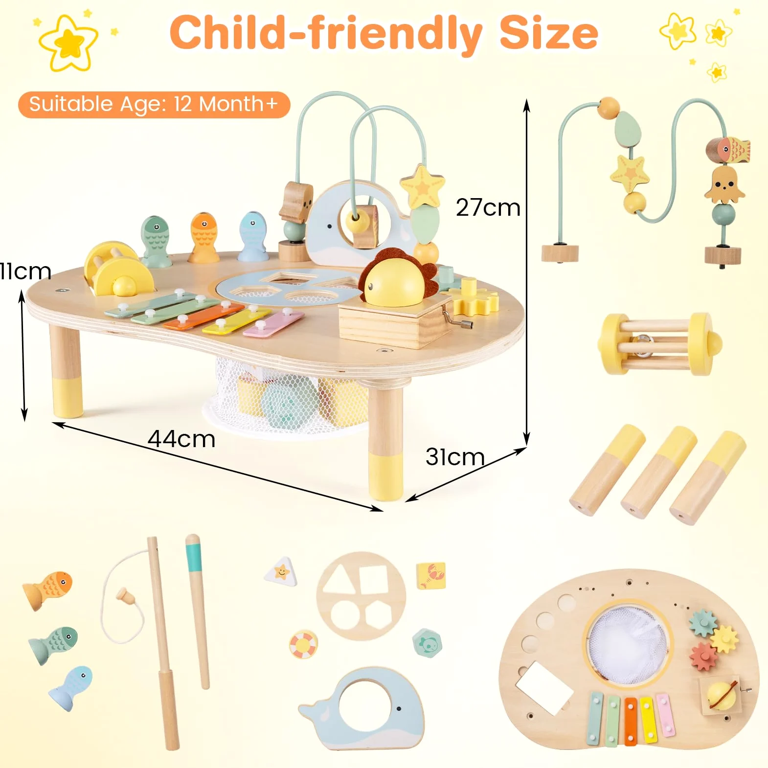 FANTASK Montessori - Tavolo da attività in Legno, per Bambini a Partire da 1 Anno, Giocattolo educativo con Loop per motorie, Gioco di Pesca, xilofono, Carillon e selezionatore, Tavolo da Gioco per