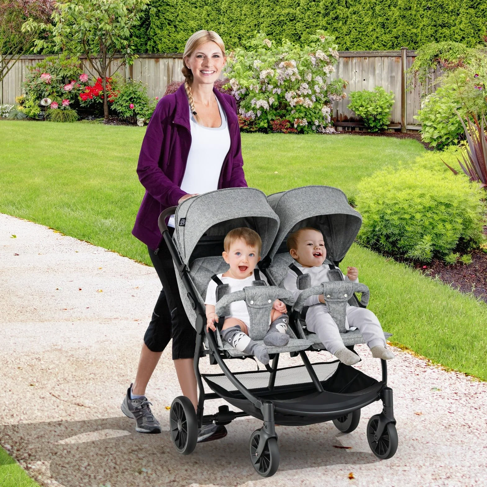 LIFEZEAL Passeggino doppio fianco a costa, Tandem gemelli pieghevole, schienale reclinabile a 3 posizioni, poggiapiedi, imbracatura a 5 punti, carico 15+15 kg, bambino 0-3 anni (grigio chiaro)