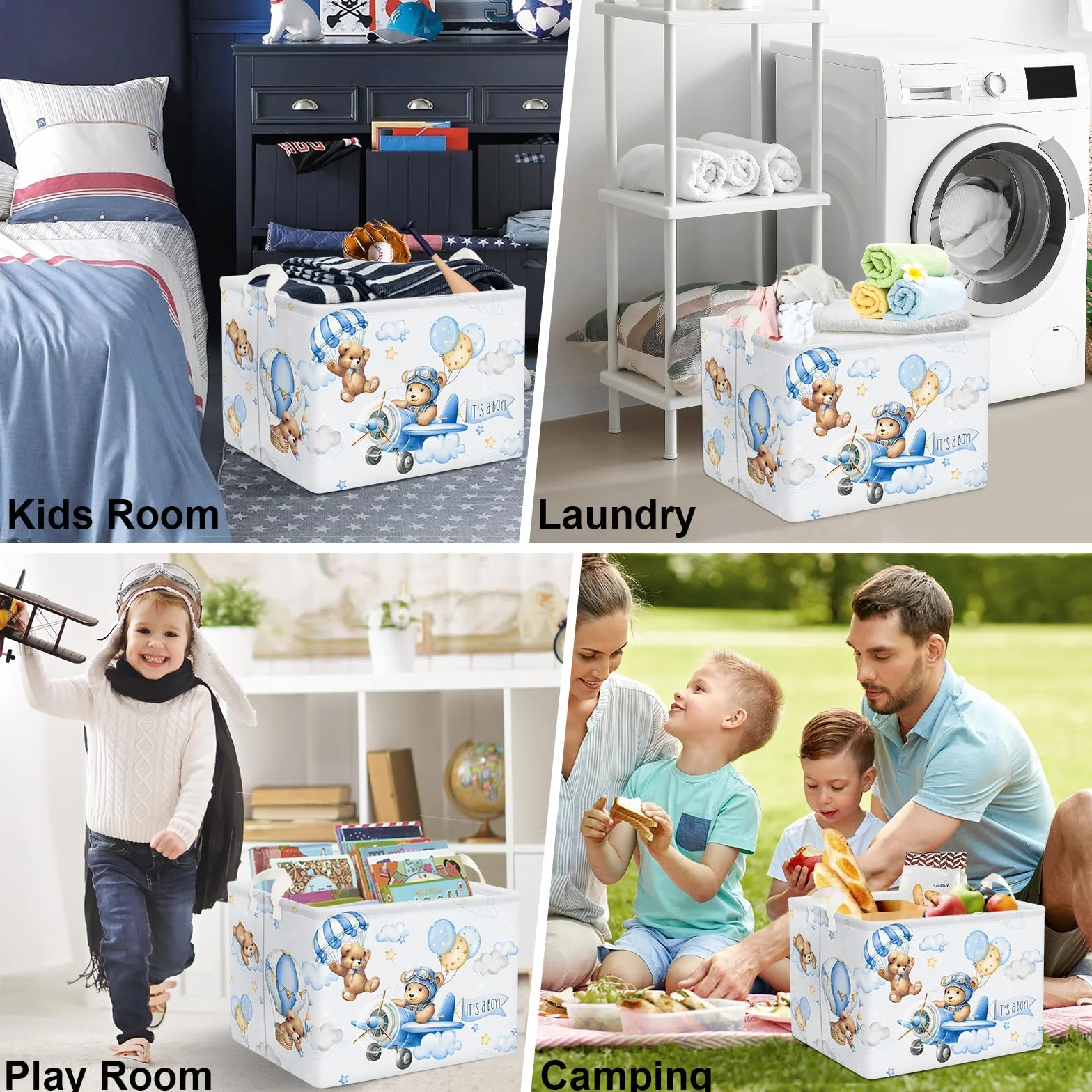 Clastyle Grande Cestino Portaoggetti Orso Pilota Palloncini Blu con Maniglia Ceste per la Biancheria Pieghevole Rettangolare Vestiti Giocattolo per Camera dei Bambini Bagno