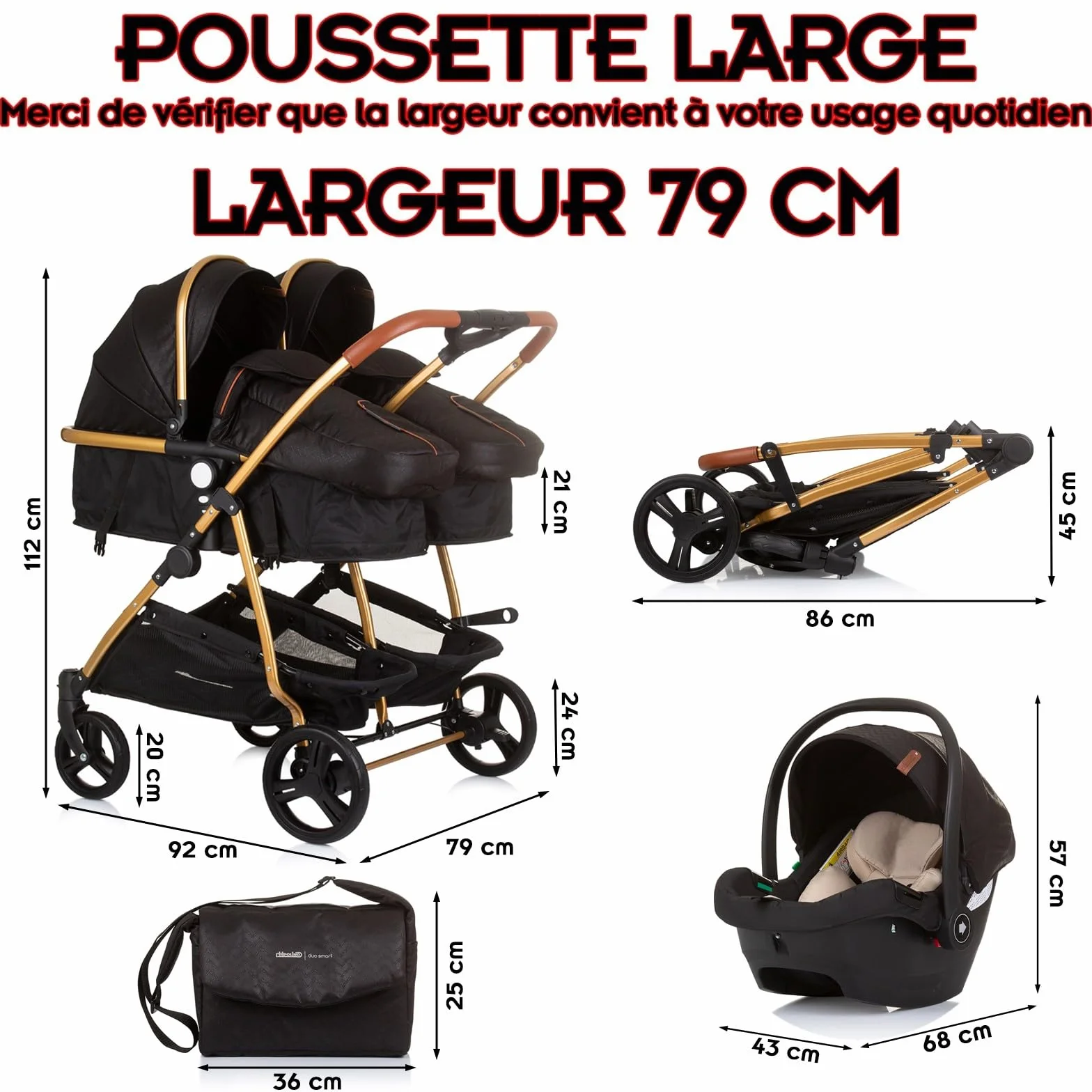 DUO SMART - Passeggino gemelli o bambini stretti, larghezza 79 cm, nero + 2 accoglienti neri