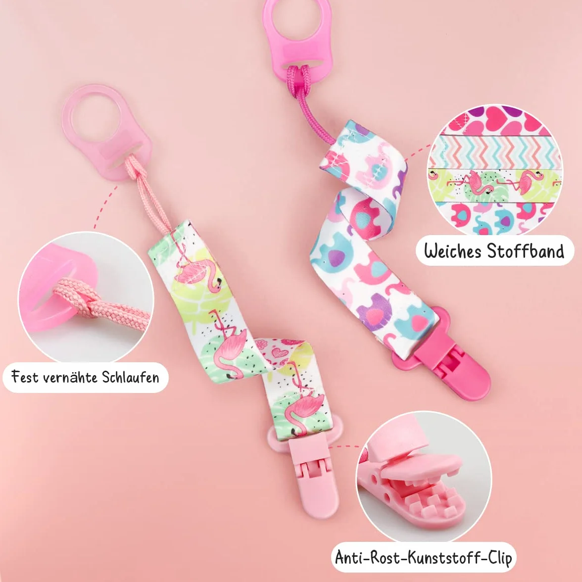4 Pezzi Ciuccio Catena per Bambini, Catenella Porta Ciuccio con 4 Pezzi Ciuccio Clip Adattatore per Neonato per Nascita Battesimo Baby Compleanno Natale Regalo