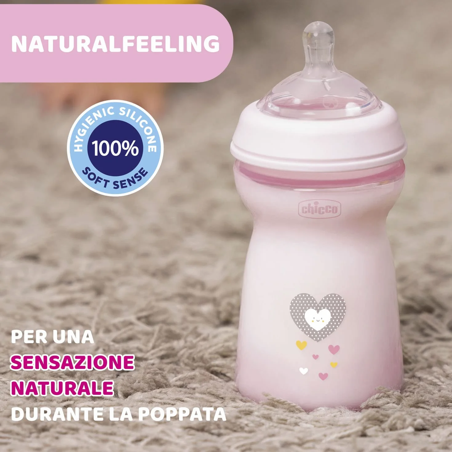 Chicco Biberon Anticolica Natural Feeling, 6 Mesi +, 330 ml, Biberon con Tettarella in Silicone Morbida e Flessibile, Adatto per allattamento misto, Flusso veloce, Rosa e Neutro, 2 Pezzi