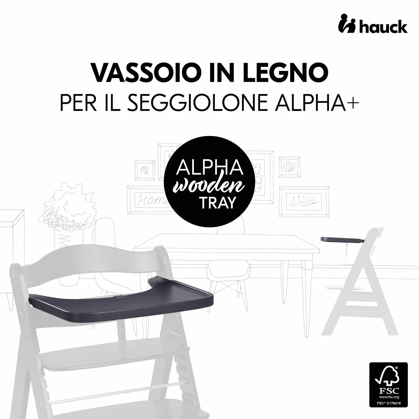 hauck Alpha Wooden Tray, Grigio Scuro - Vassoio in Legno Compatibile con Seggiolone Pappa Alpha+ e Beta+ per Bambini 6-36 Mesi, con Bordo Rialzato e Cert. FSC®