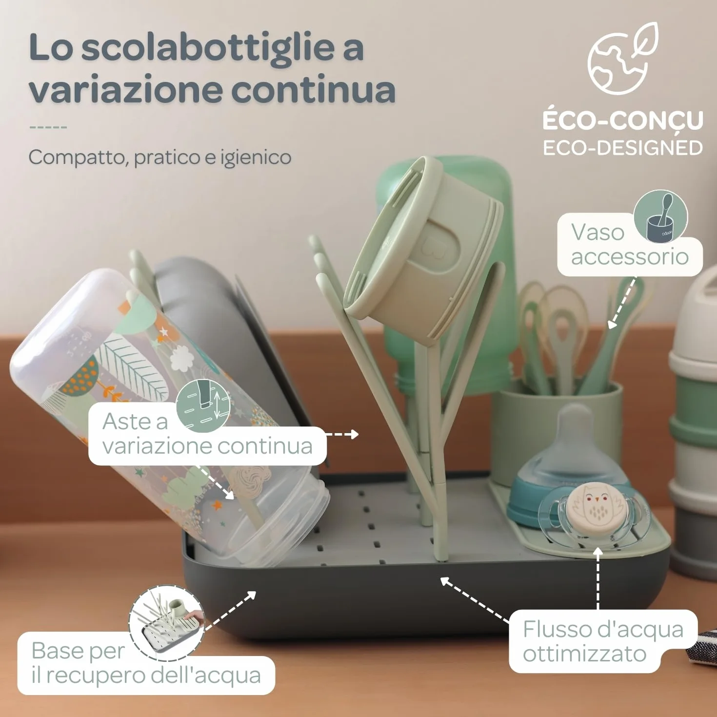 BEABA, Scolabiberon E Asciugabiberon, Grande Capacità, Modulare, Fino A 6 Biberon E Stoviglie Per Bambini, Vaso Accessorio, Drenaggio Ottimizzato, Facile Da Riporre, Compatto, Pratico, Salvia/Minerale