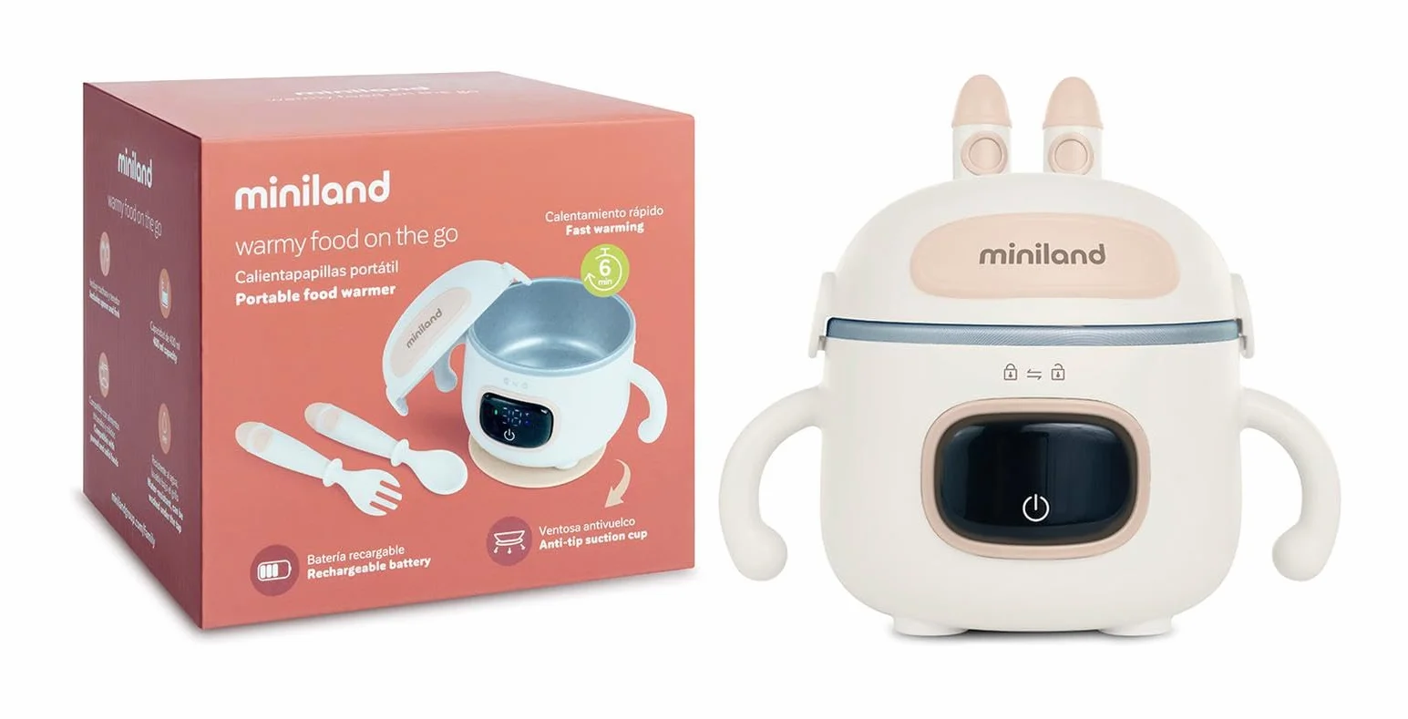 Miniland Scaldabiberon Portatile Senza Fili 7500mAh, Scalda Pappa Portatile Neonato da Viaggio e Scaldavivande a Batteria, Kit Svezzamento con Posate, Display LED, 3 Temp | Warmy Food On the Go