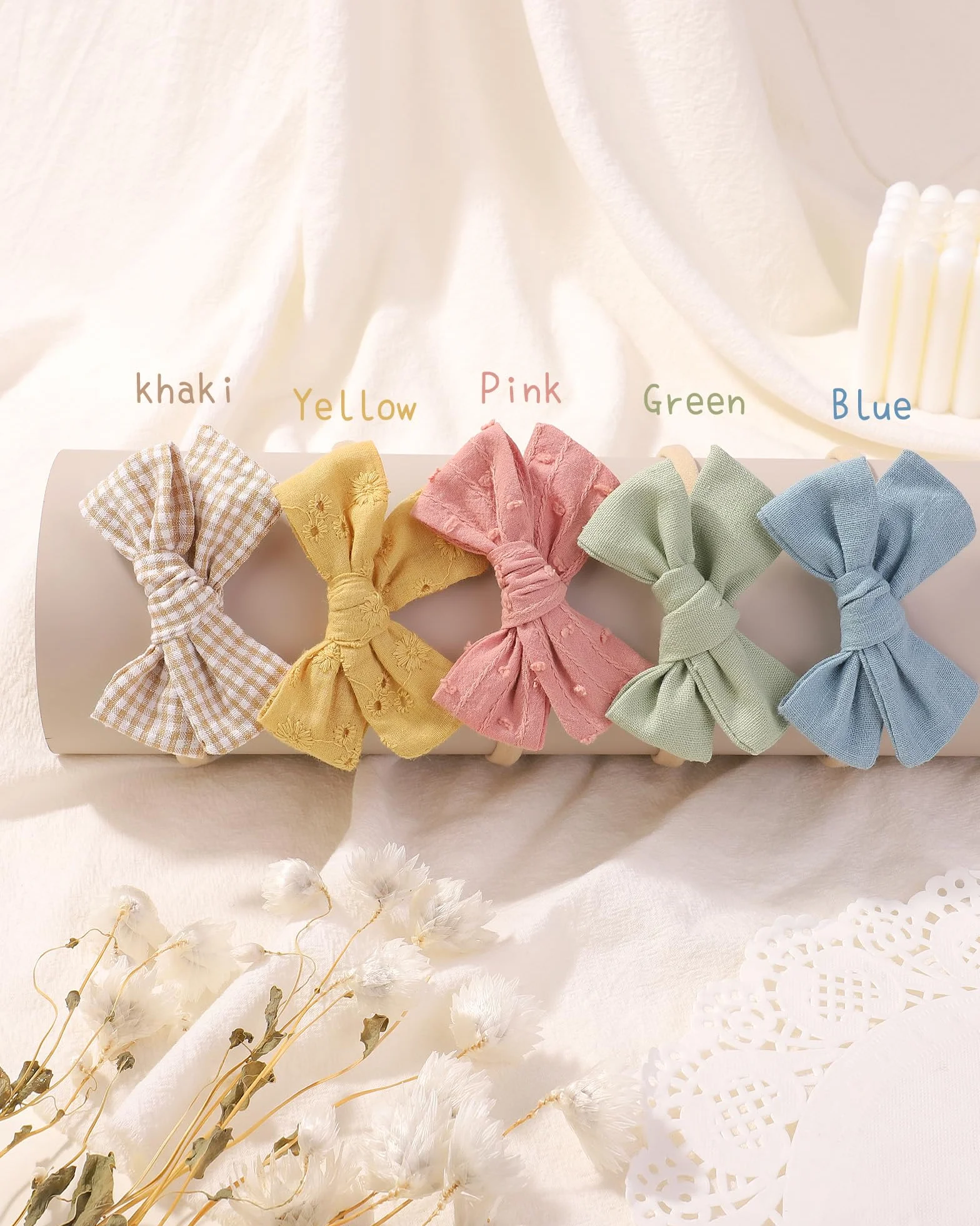 10PZ Fascia Capelli Neonata Fiocchi di Nylon Cotone Lino Hairbands Handmade Accessori per Capelli Bambina e Bambini 3.5Inches
